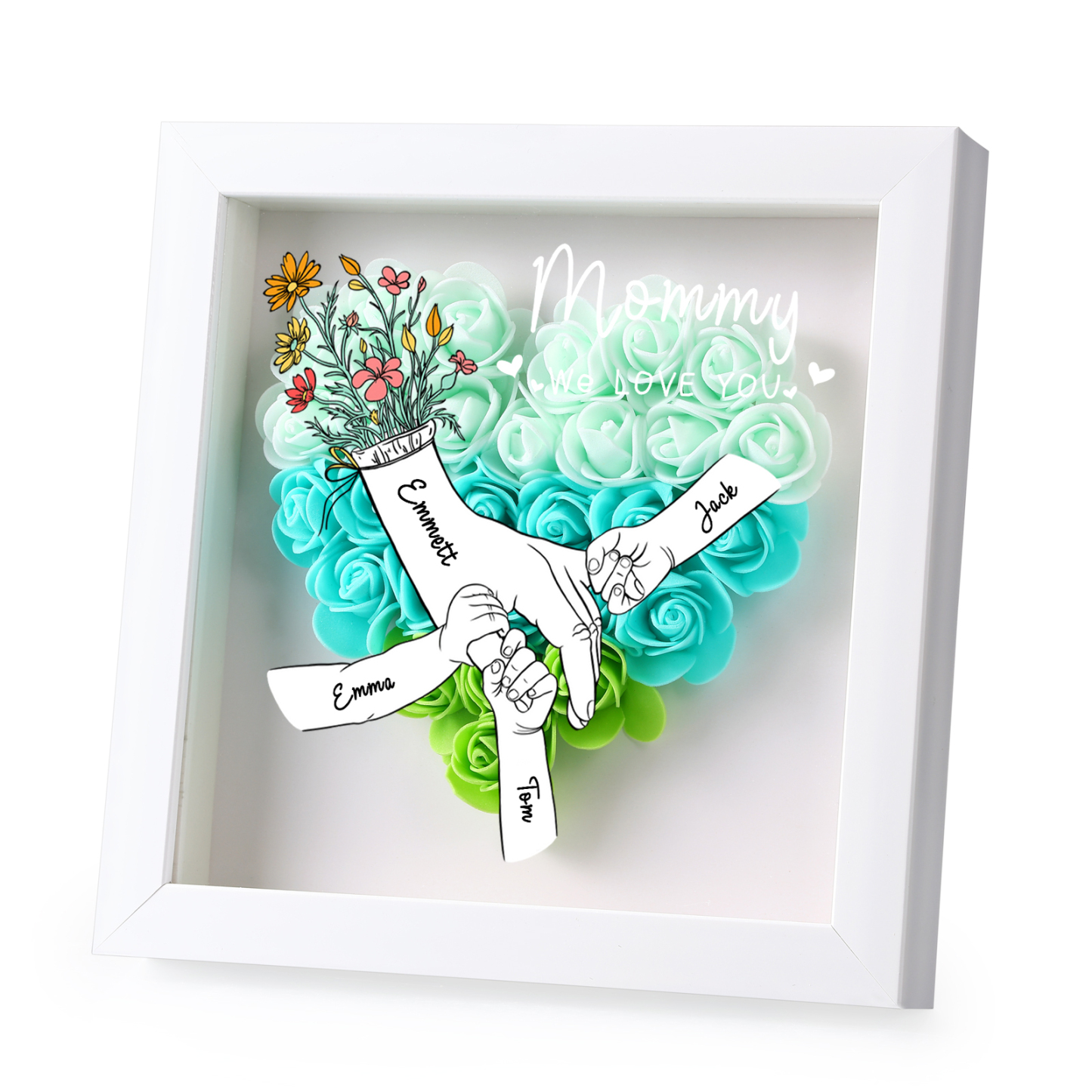 À ma Maman - Cadre photo Panneau de densité la main dans la main 4 Prénoms et 2 Texte Personnalisés Ornements Floral pour Famille