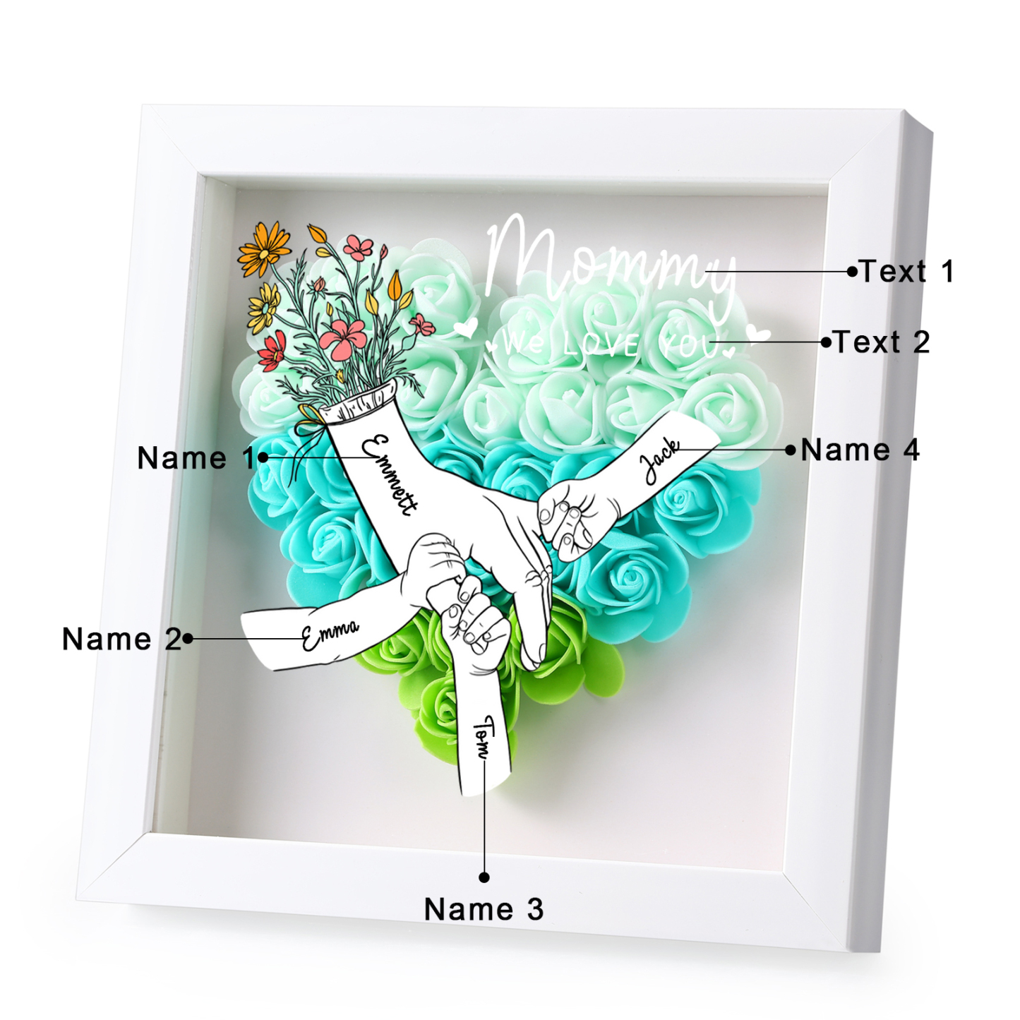 À ma Maman - Cadre photo Panneau de densité la main dans la main 4 Prénoms et 2 Texte Personnalisés Ornements Floral pour Famille
