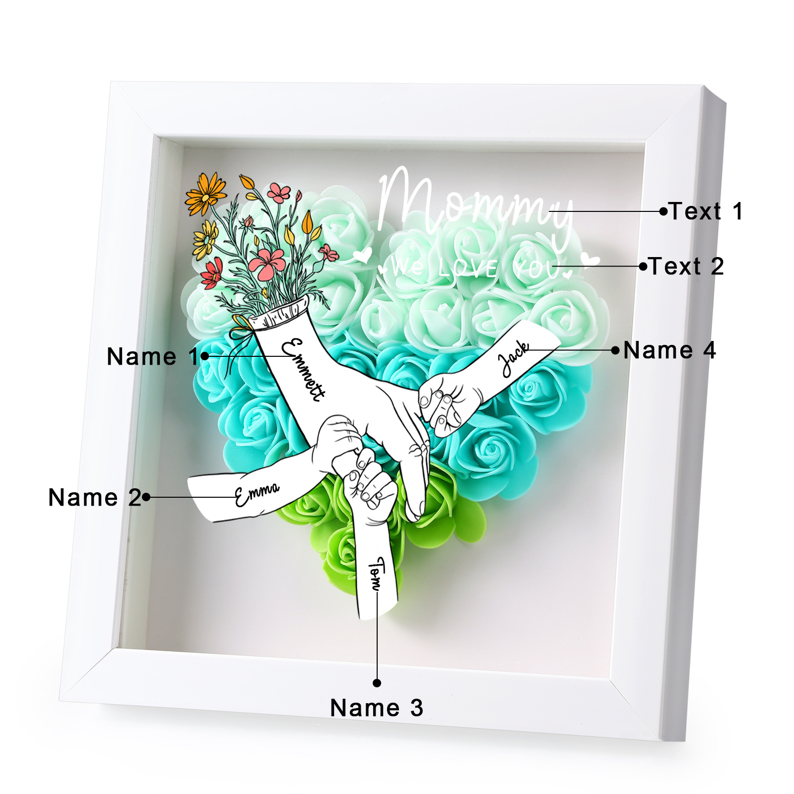 À ma Maman - Cadre photo Panneau de densité la main dans la main 4 Prénoms et 2 Texte Personnalisés Ornements Floral pour Famille