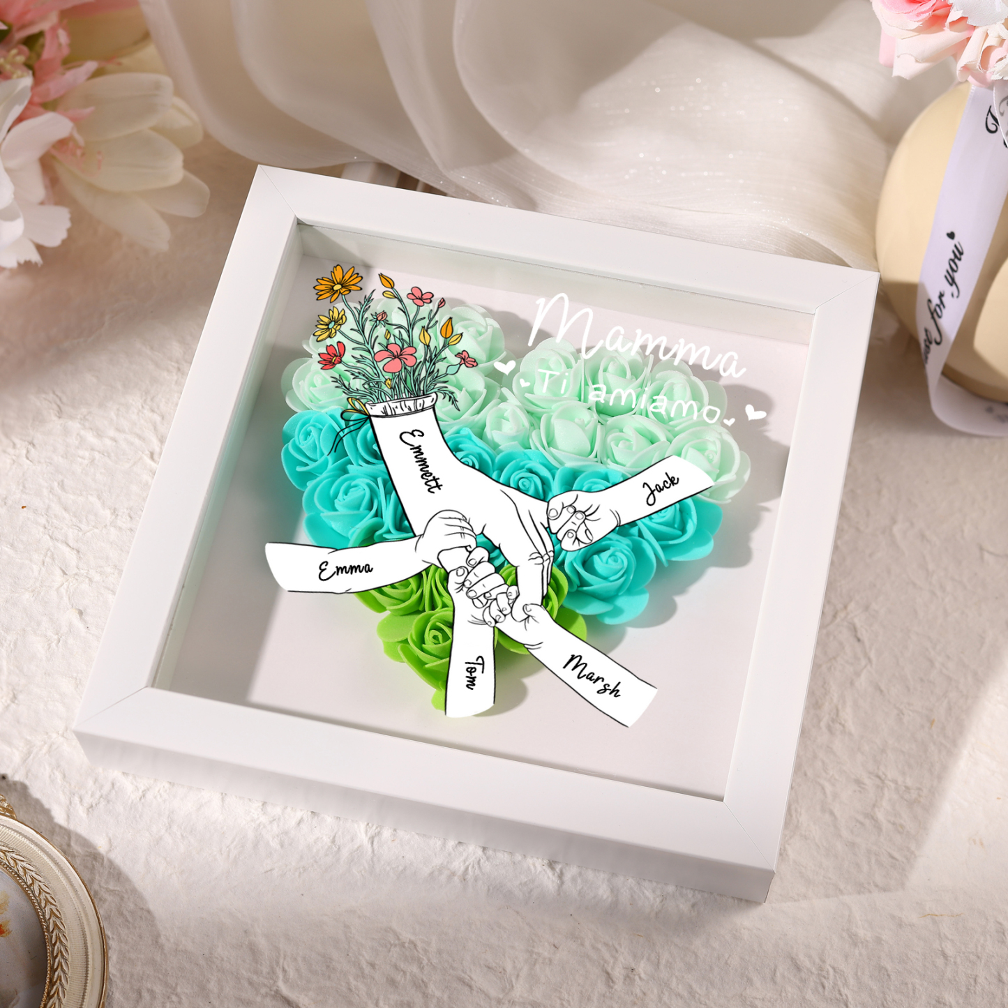 À ma Maman - Cadre photo Panneau de densité la main dans la main 5 Prénoms et 2 Texte Personnalisés Ornements Floral pour Famille