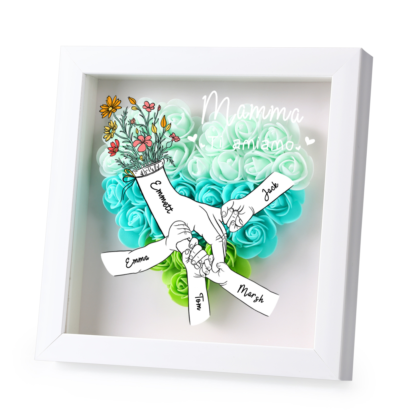 À ma Maman - Cadre photo Panneau de densité la main dans la main 5 Prénoms et 2 Texte Personnalisés Ornements Floral pour Famille
