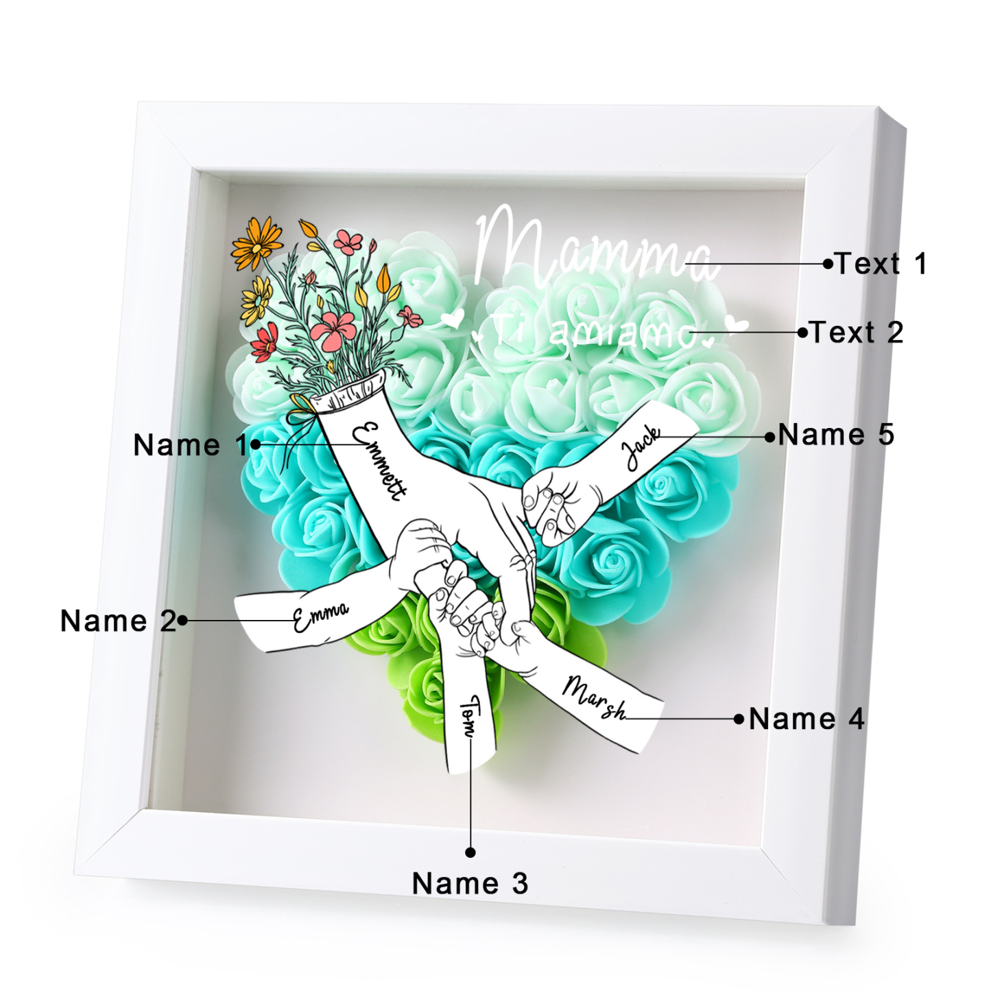 À ma Maman - Cadre photo Panneau de densité la main dans la main 5 Prénoms et 2 Texte Personnalisés Ornements Floral pour Famille