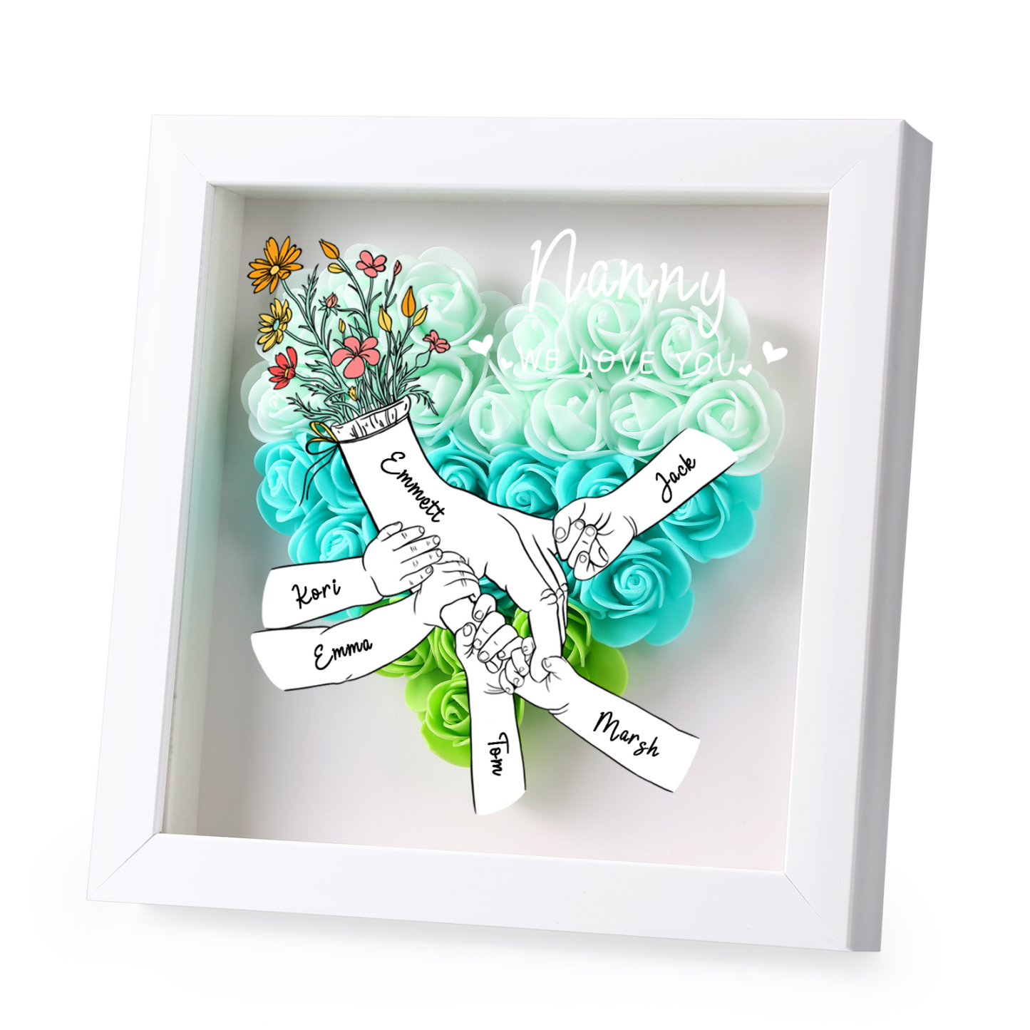 À ma Maman - Cadre photo Panneau de densité la main dans la main 6 Prénoms et 2 Texte Personnalisés Ornements Floral pour Famille