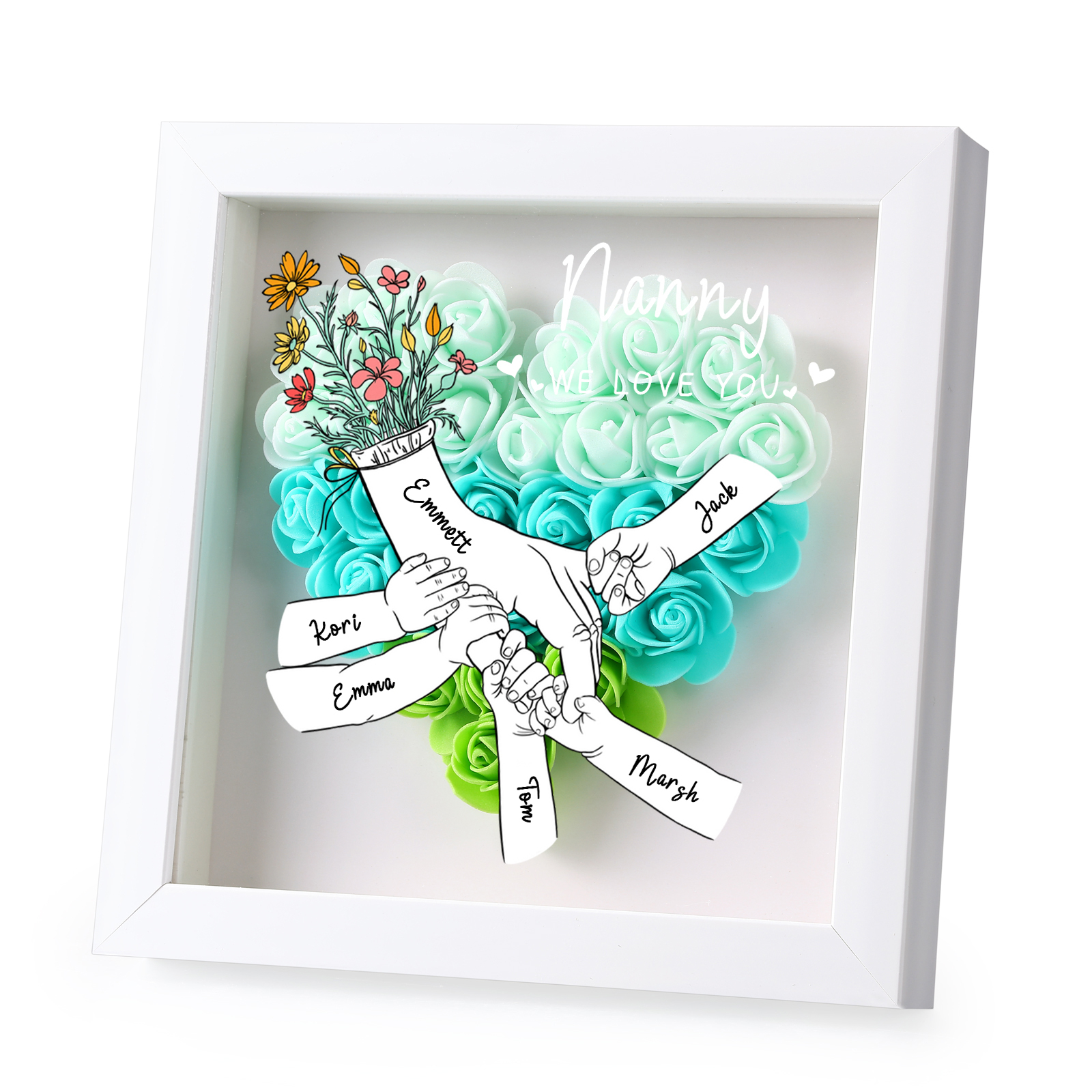À ma Maman - Cadre photo Panneau de densité la main dans la main 6 Prénoms et 2 Texte Personnalisés Ornements Floral pour Famille
