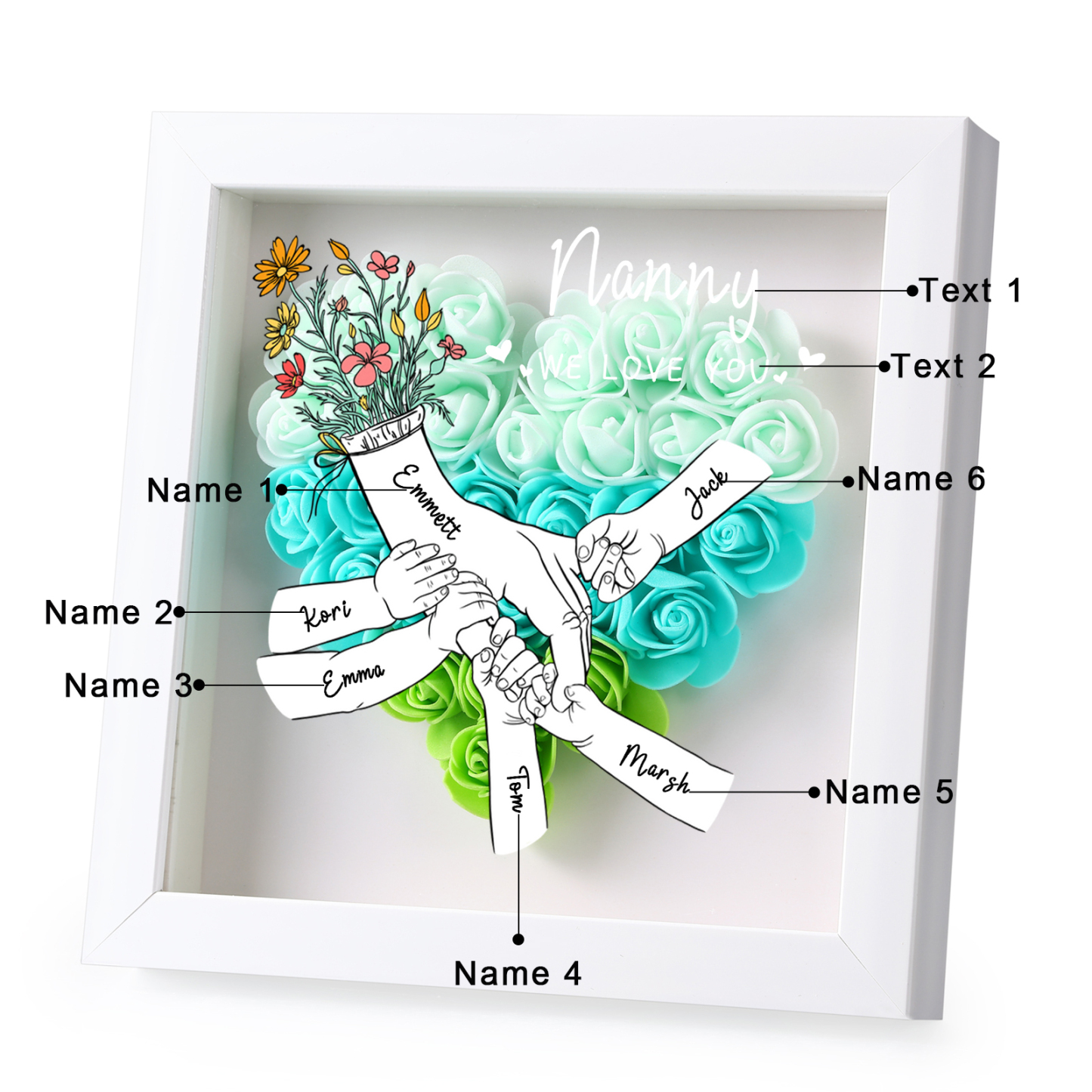 À ma Maman - Cadre photo Panneau de densité la main dans la main 6 Prénoms et 2 Texte Personnalisés Ornements Floral pour Famille