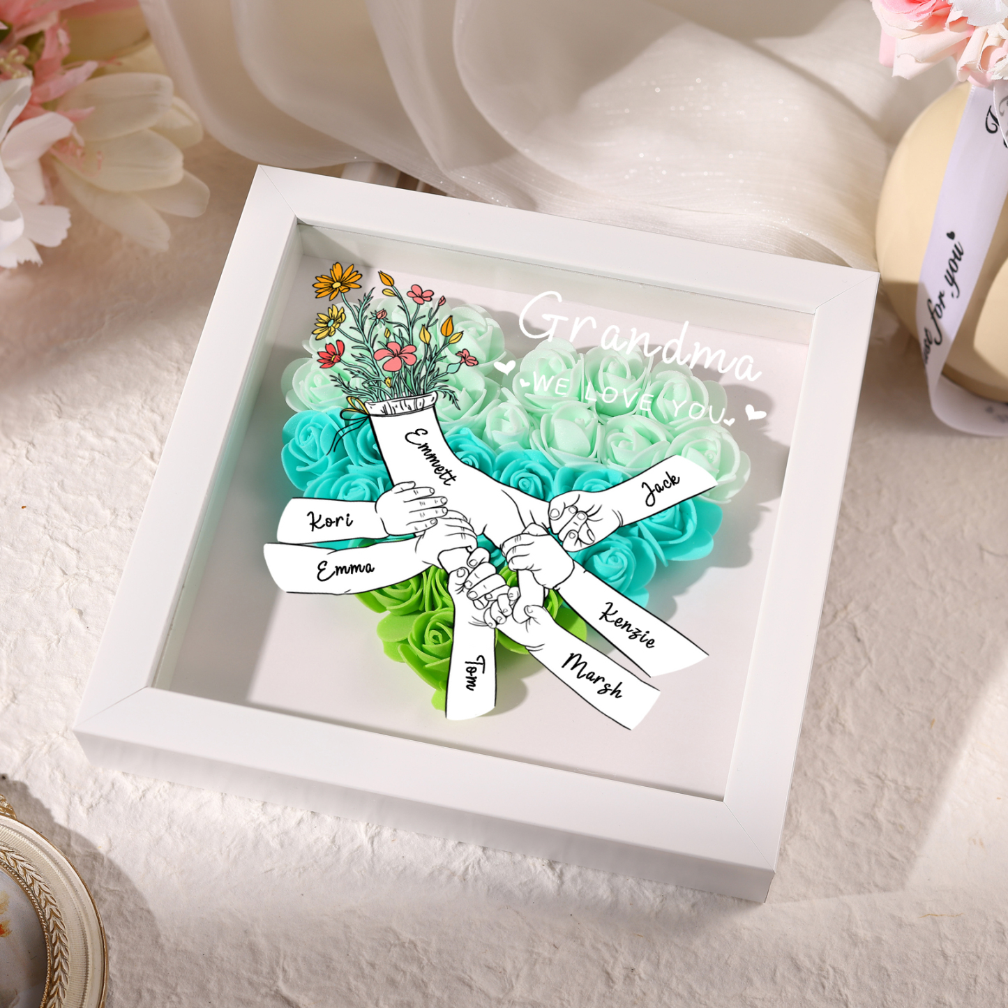 À ma Maman - Cadre photo Panneau de densité la main dans la main 7 Prénoms et 2 Texte Personnalisés Ornements Floral pour Famille
