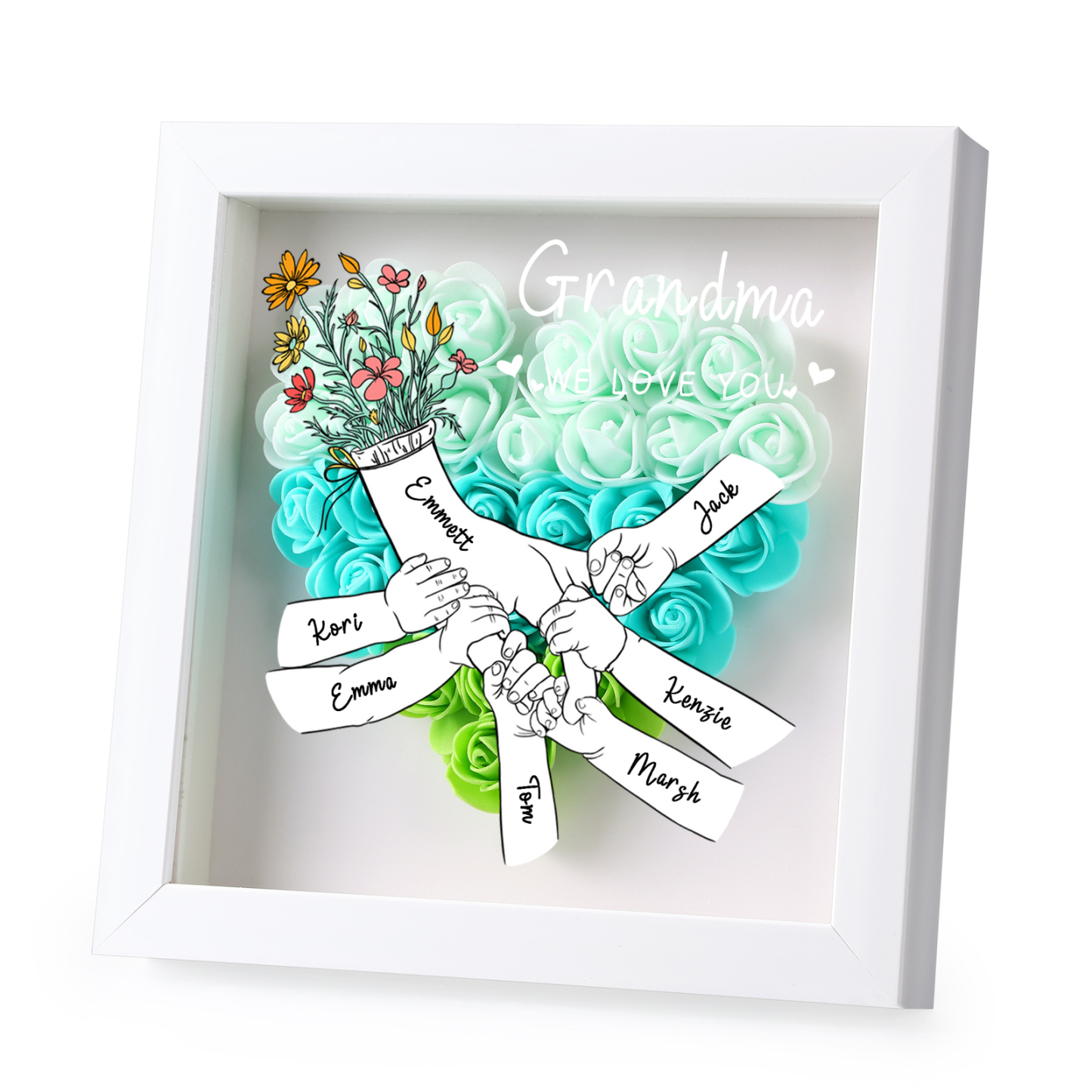 À ma Maman - Cadre photo Panneau de densité la main dans la main 7 Prénoms et 2 Texte Personnalisés Ornements Floral pour Famille