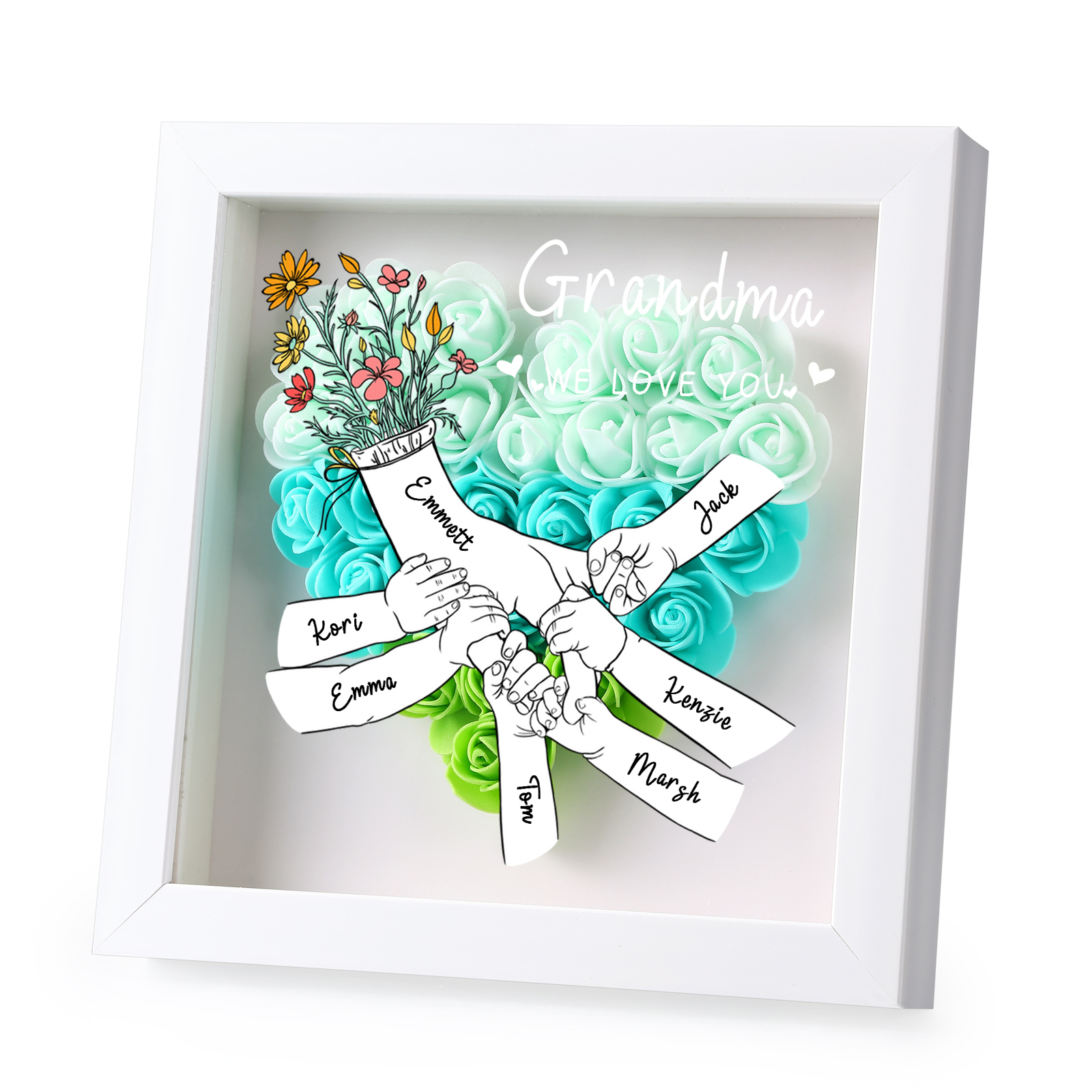 À ma Maman - Cadre photo Panneau de densité la main dans la main 7 Prénoms et 2 Texte Personnalisés Ornements Floral pour Famille