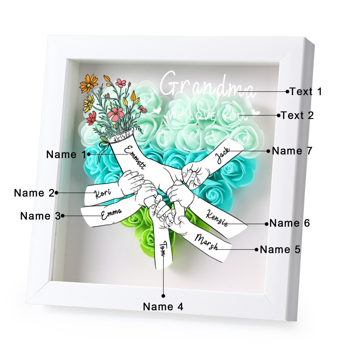 À ma Maman - Cadre photo Panneau de densité la main dans la main 7 Prénoms et 2 Texte Personnalisés Ornements Floral pour Famille