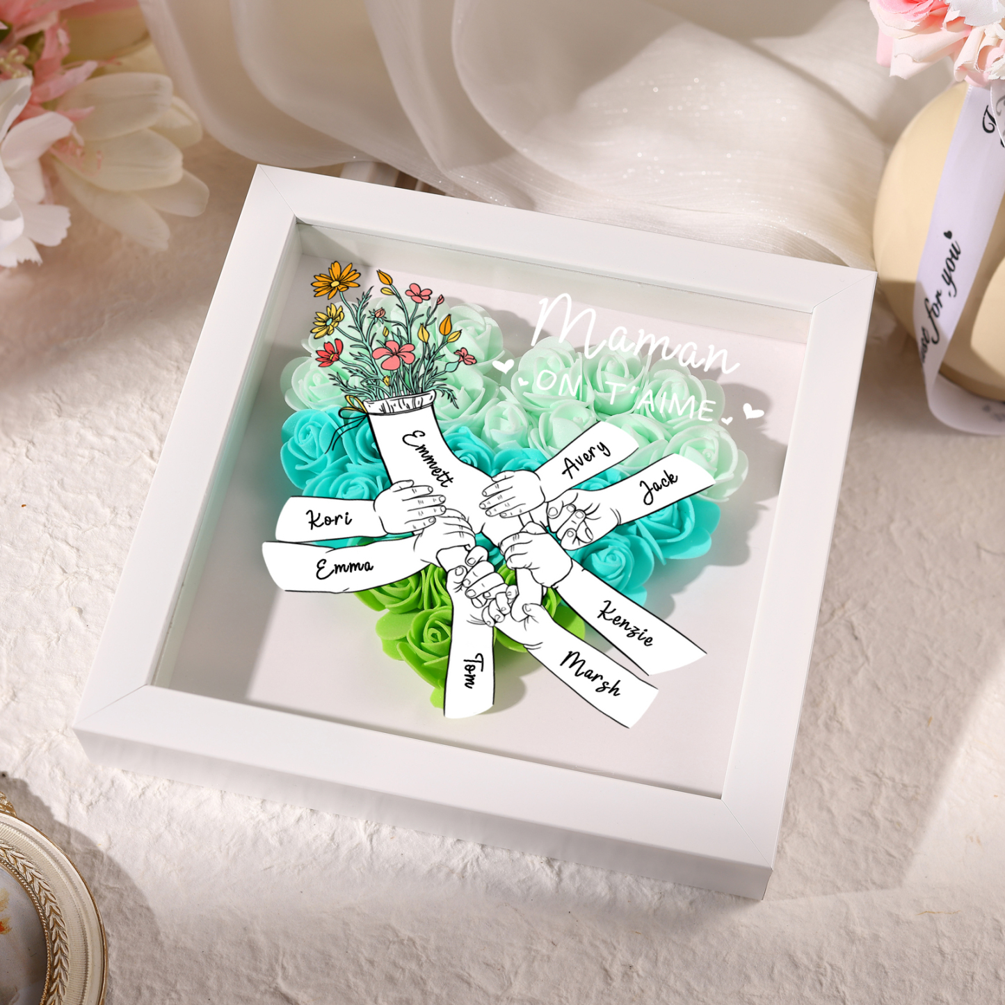 À ma Maman - Cadre photo Panneau de densité la main dans la main 8 Prénoms et 2 Texte Personnalisés Ornements Floral pour Famille