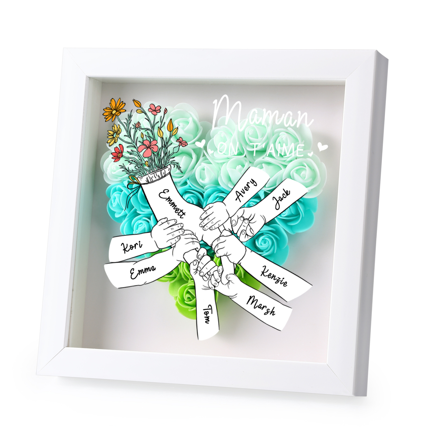 À ma Maman - Cadre photo Panneau de densité la main dans la main 8 Prénoms et 2 Texte Personnalisés Ornements Floral pour Famille