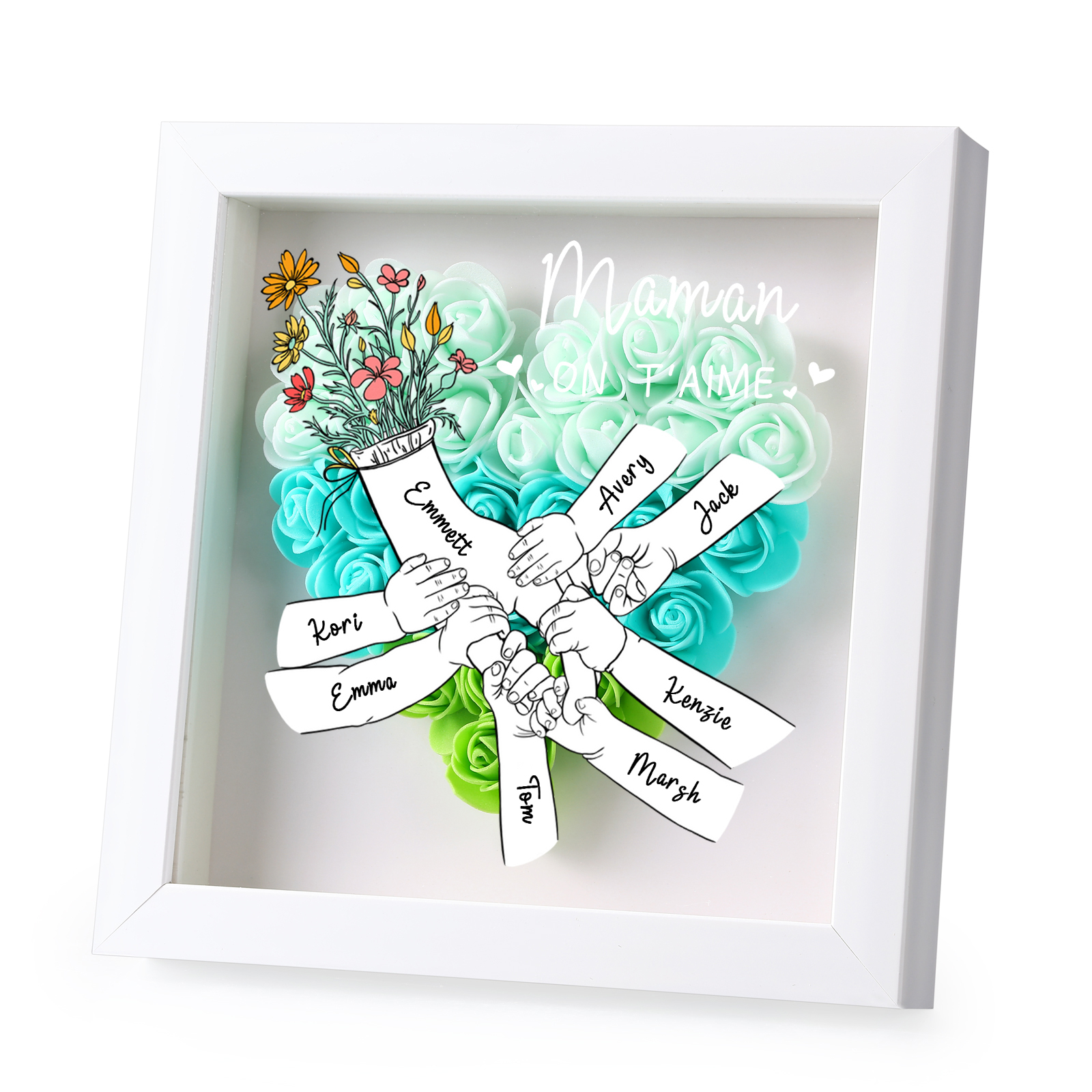À ma Maman - Cadre photo Panneau de densité la main dans la main 8 Prénoms et 2 Texte Personnalisés Ornements Floral pour Famille