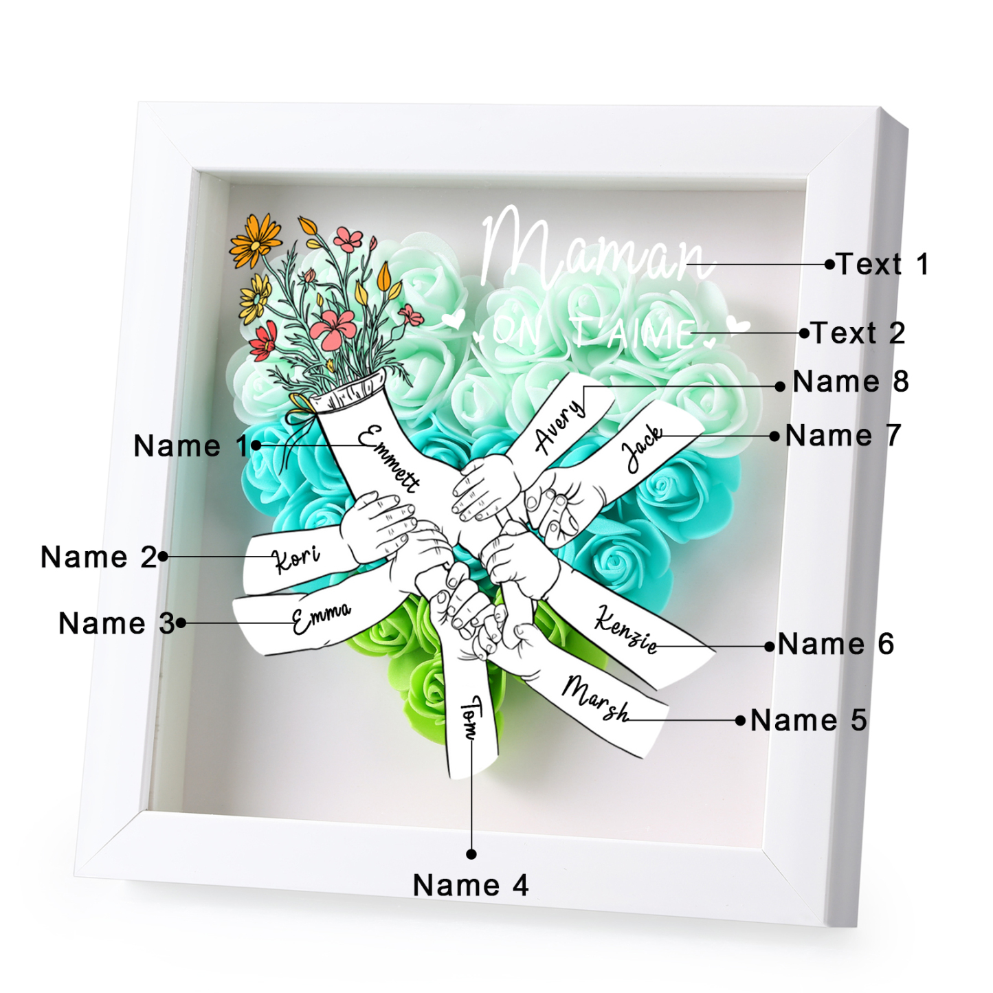 À ma Maman - Cadre photo Panneau de densité la main dans la main 8 Prénoms et 2 Texte Personnalisés Ornements Floral pour Famille