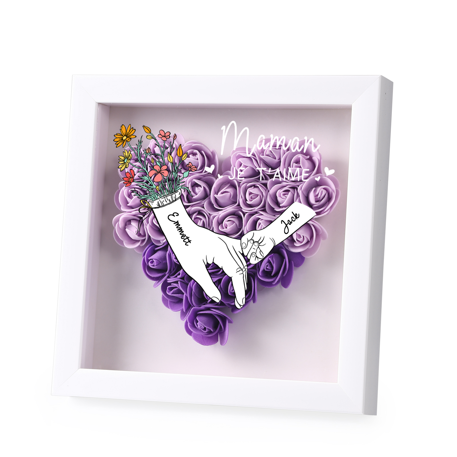 À ma Maman - Cadre photo Panneau de densité la main dans la main 2 Prénoms et 2 Texte Personnalisés Ornements Floral pour Famille
