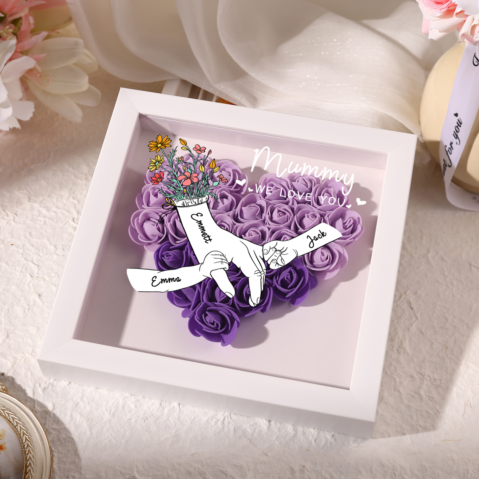 À ma Maman - Cadre photo Panneau de densité la main dans la main 4 Prénoms et 2 Texte Personnalisés Ornements Floral pour Famille