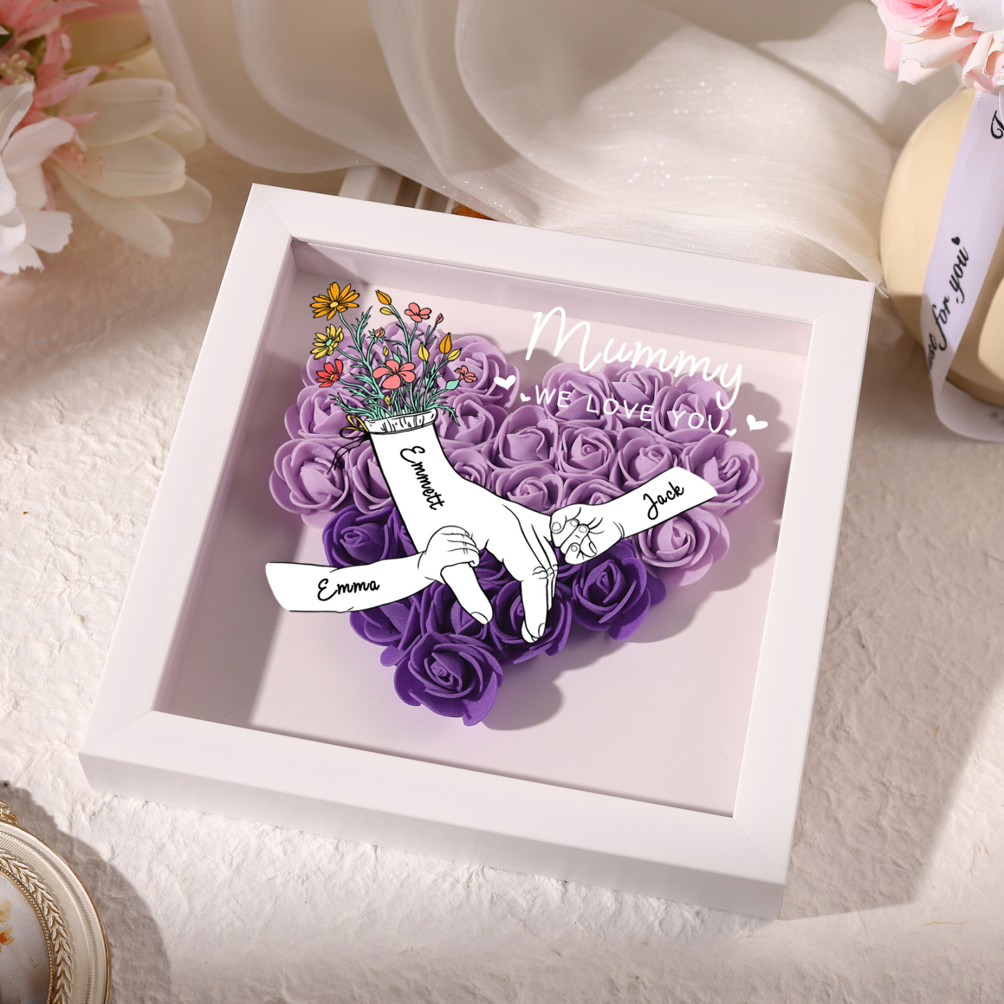 À ma Maman - Cadre photo Panneau de densité la main dans la main 4 Prénoms et 2 Texte Personnalisés Ornements Floral pour Famille