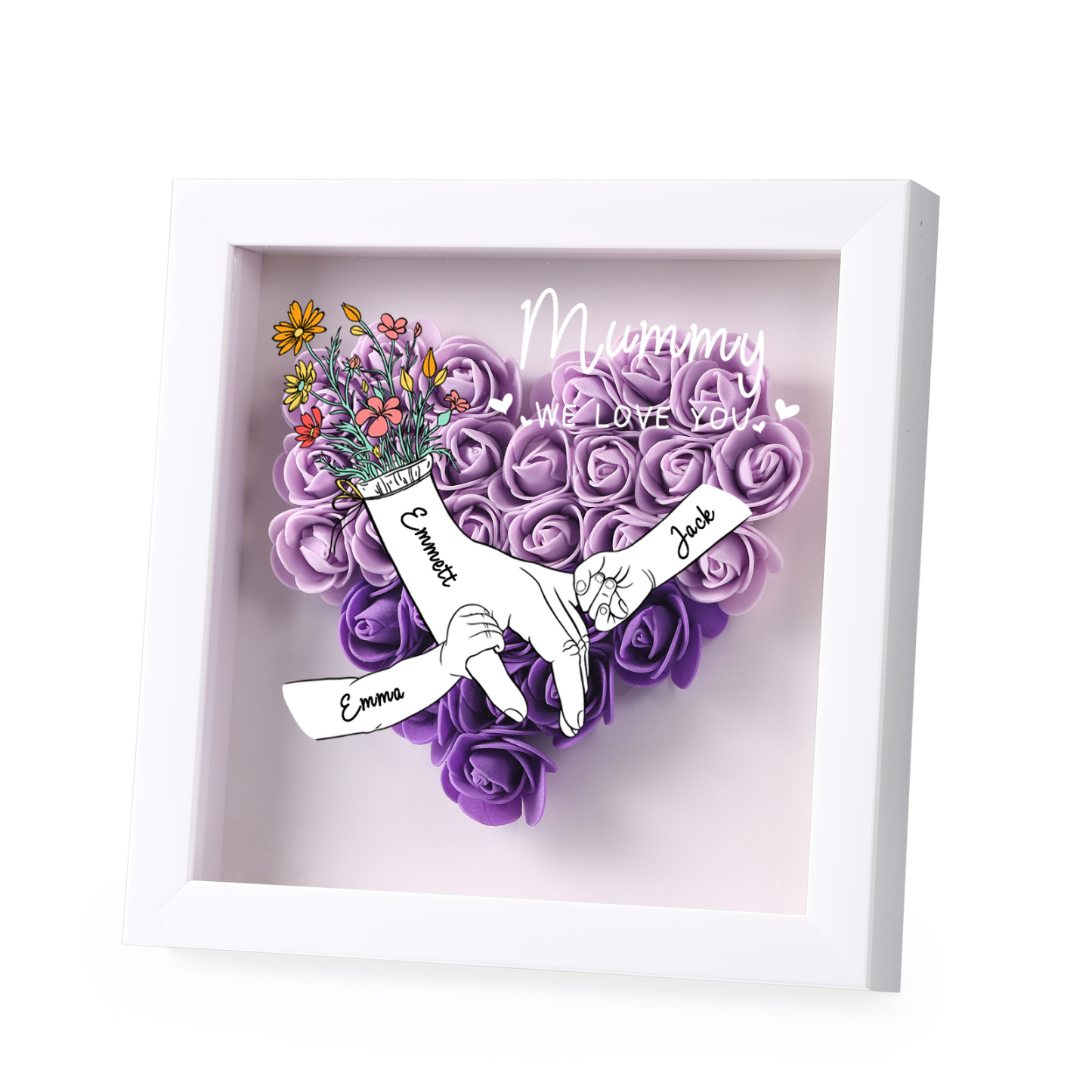 À ma Maman - Cadre photo Panneau de densité la main dans la main 4 Prénoms et 2 Texte Personnalisés Ornements Floral pour Famille