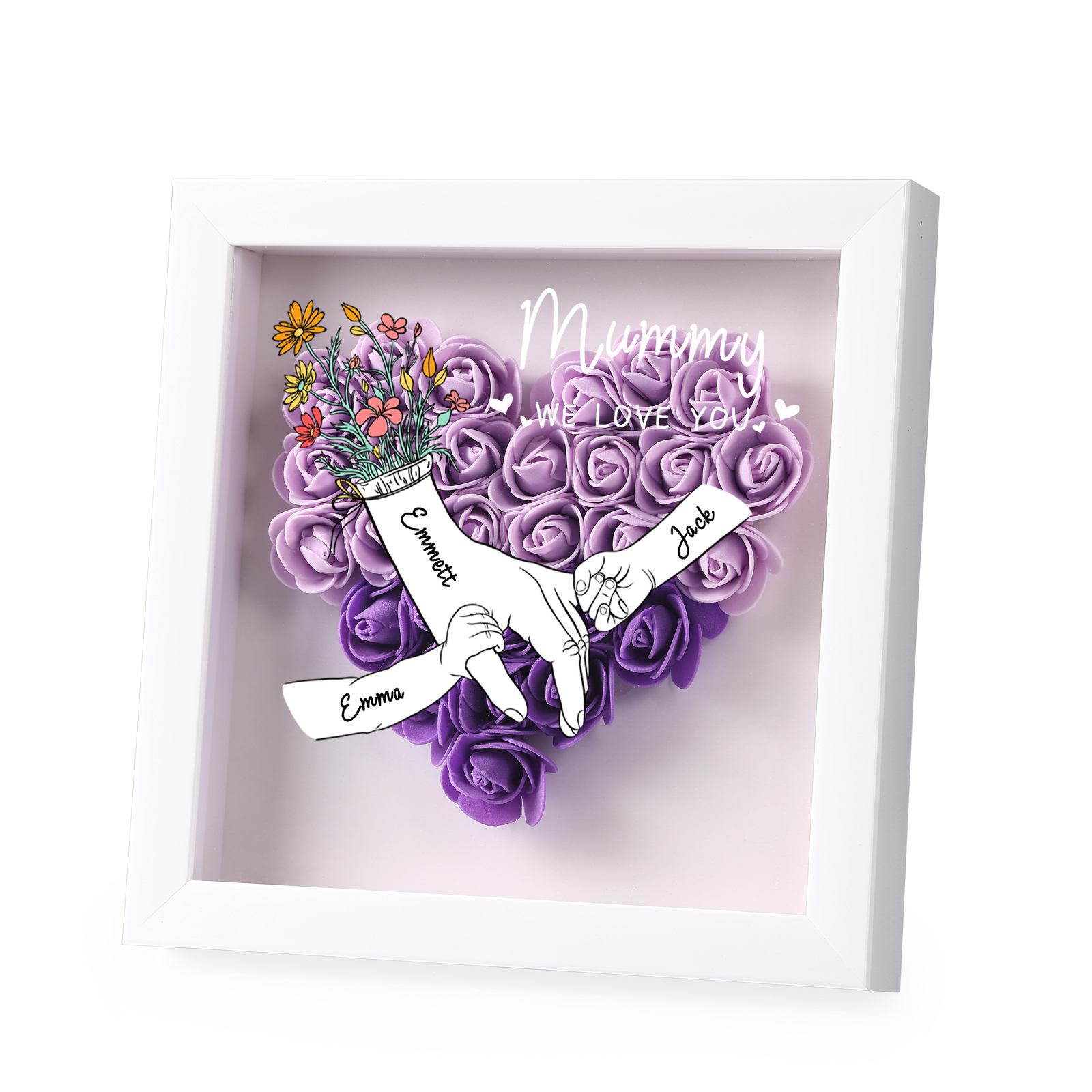 À ma Maman - Cadre photo Panneau de densité la main dans la main 4 Prénoms et 2 Texte Personnalisés Ornements Floral pour Famille