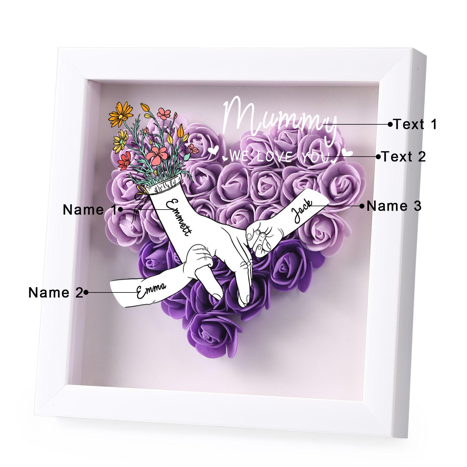 À ma Maman - Cadre photo Panneau de densité la main dans la main 4 Prénoms et 2 Texte Personnalisés Ornements Floral pour Famille