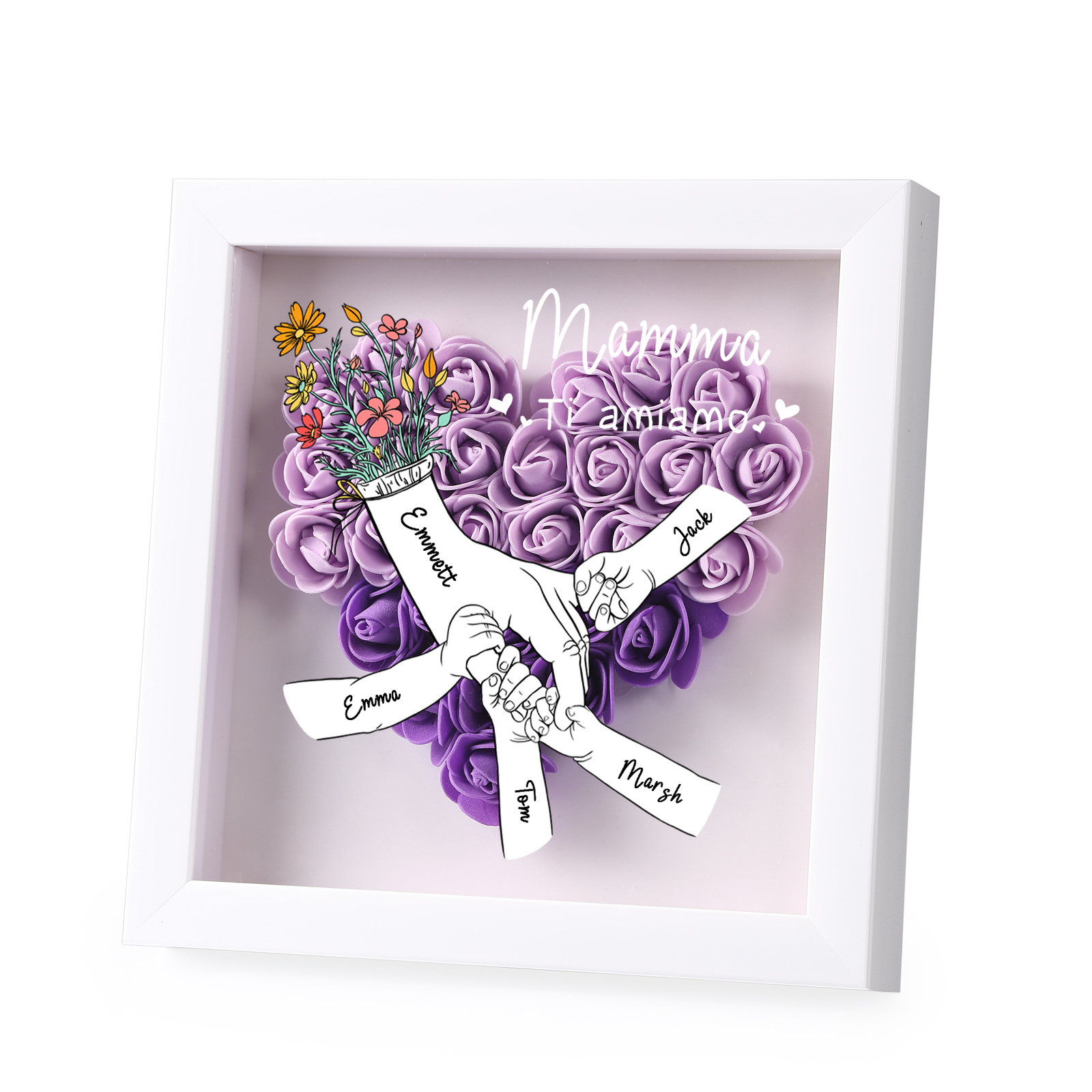 À ma Maman - Cadre photo Panneau de densité la main dans la main 5 Prénoms et 2 Texte Personnalisés Ornements Floral pour Famille