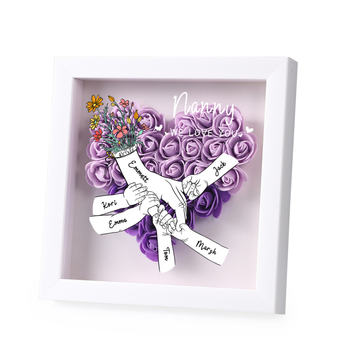 À ma Maman - Cadre photo Panneau de densité la main dans la main 6 Prénoms et 2 Texte Personnalisés Ornements Floral pour Famille