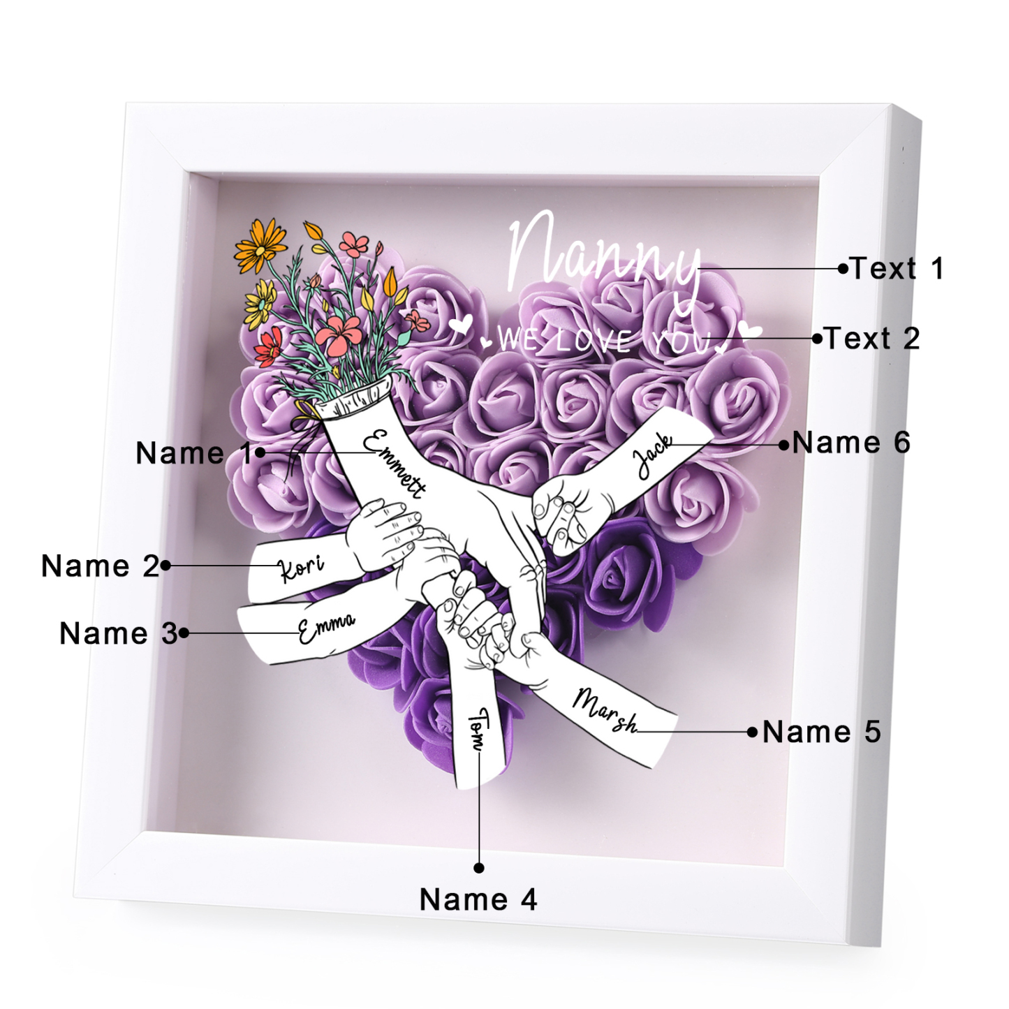À ma Maman - Cadre photo Panneau de densité la main dans la main 6 Prénoms et 2 Texte Personnalisés Ornements Floral pour Famille