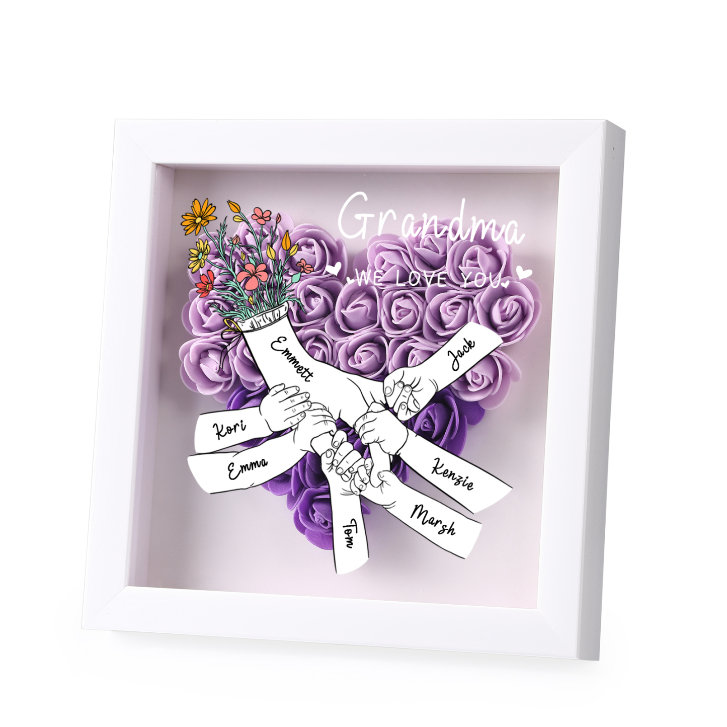 À ma Maman - Cadre photo Panneau de densité la main dans la main 7 Prénoms et 2 Texte Personnalisés Ornements Floral pour Famille