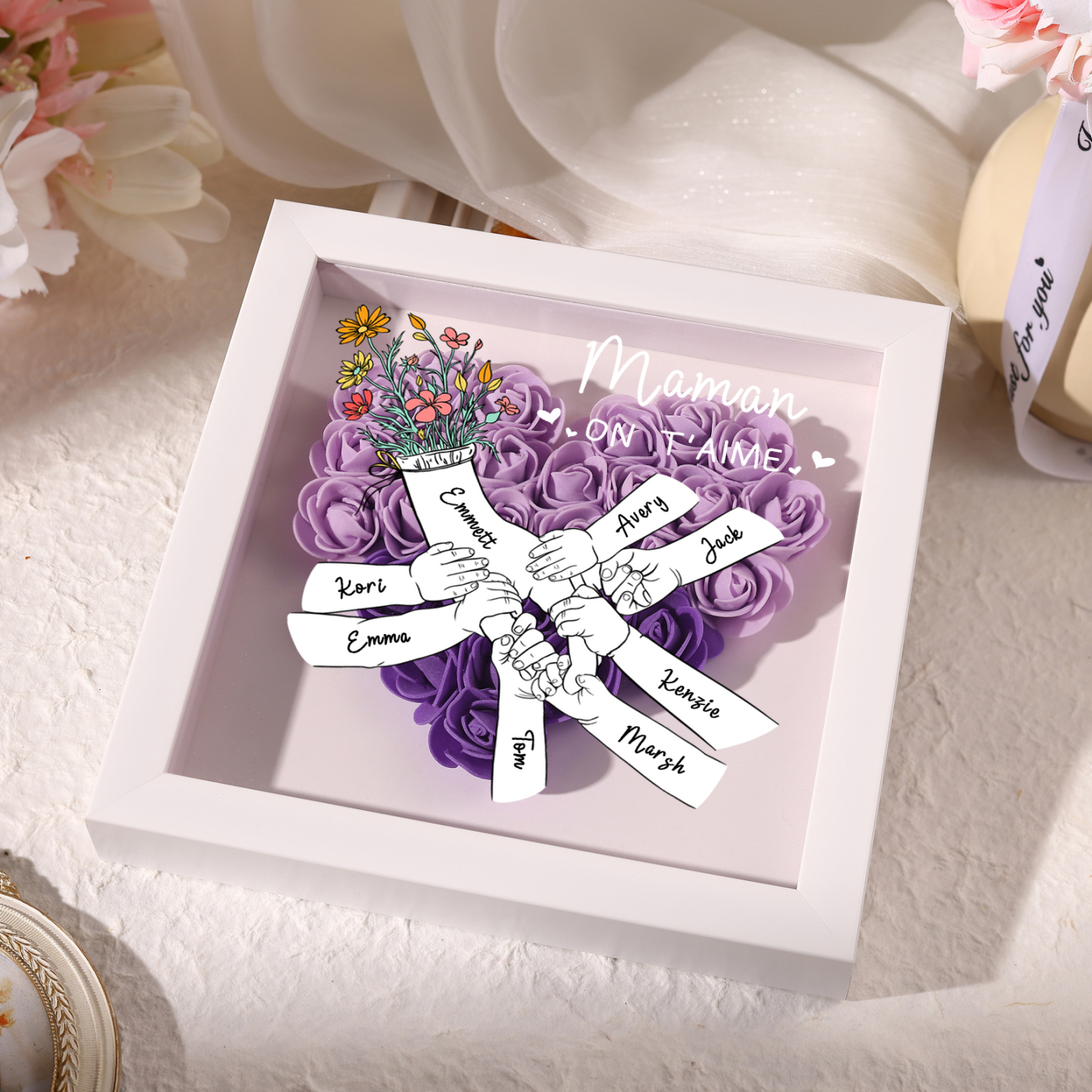 À ma Maman - Cadre photo Panneau de densité la main dans la main 8 Prénoms et 2 Texte Personnalisés Ornements Floral pour Famille
