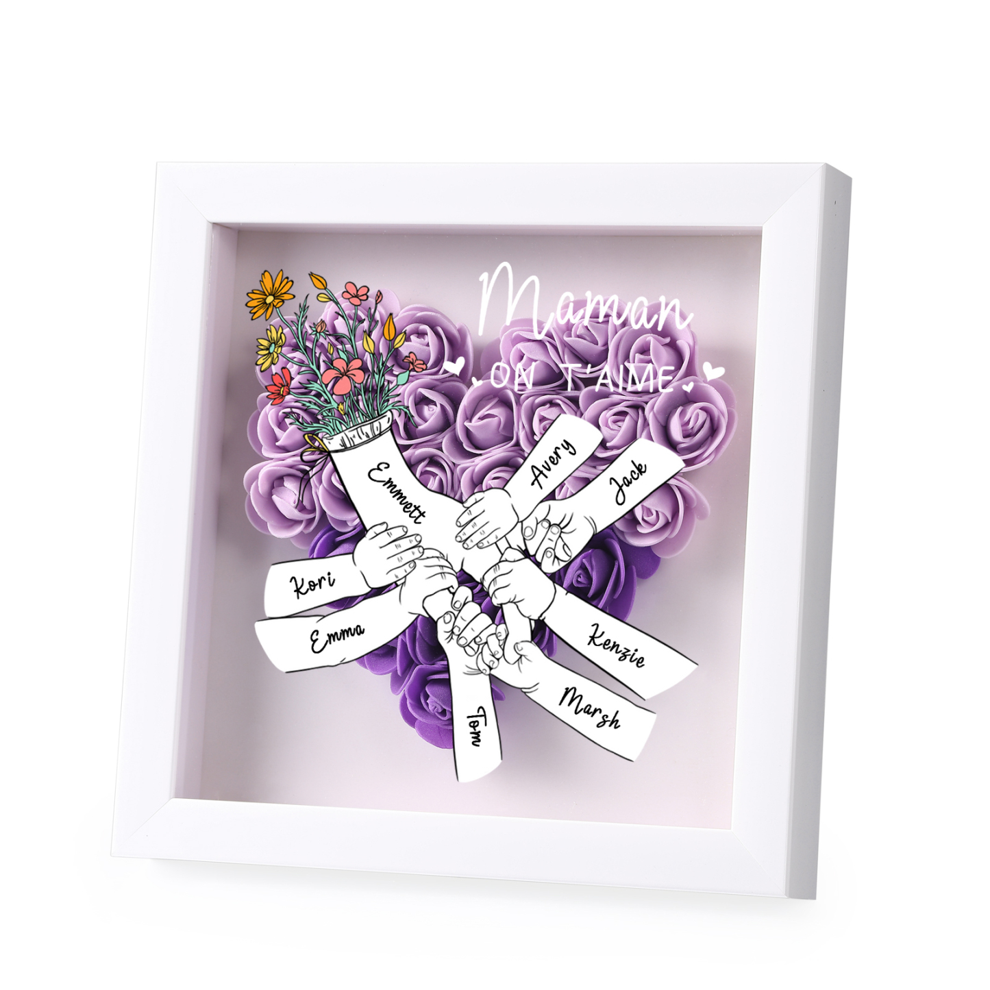 À ma Maman - Cadre photo Panneau de densité la main dans la main 8 Prénoms et 2 Texte Personnalisés Ornements Floral pour Famille