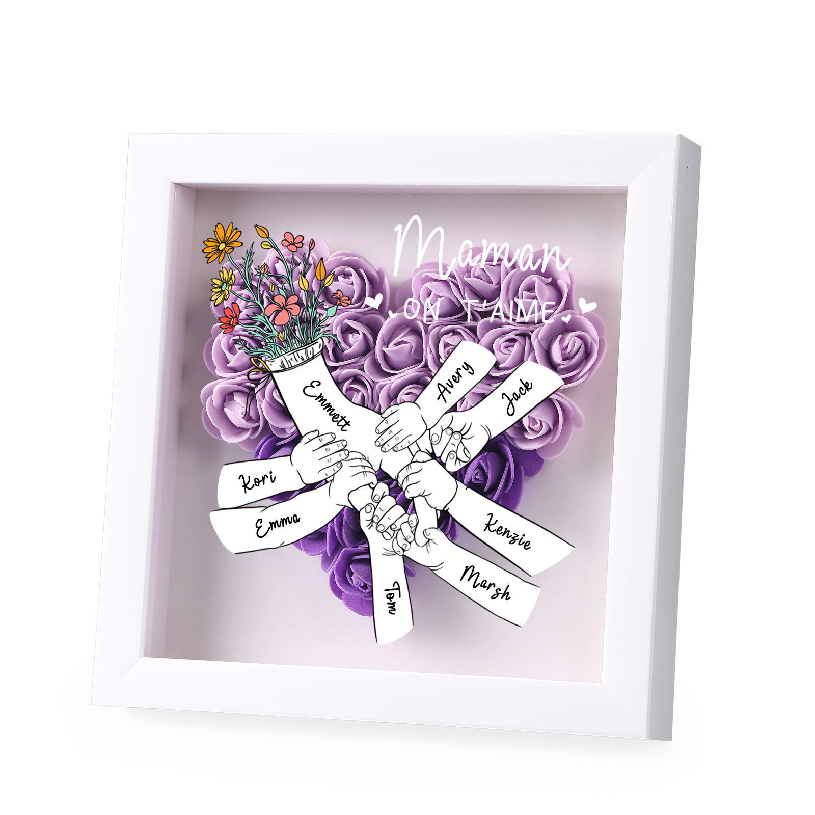 À ma Maman - Cadre photo Panneau de densité la main dans la main 8 Prénoms et 2 Texte Personnalisés Ornements Floral pour Famille
