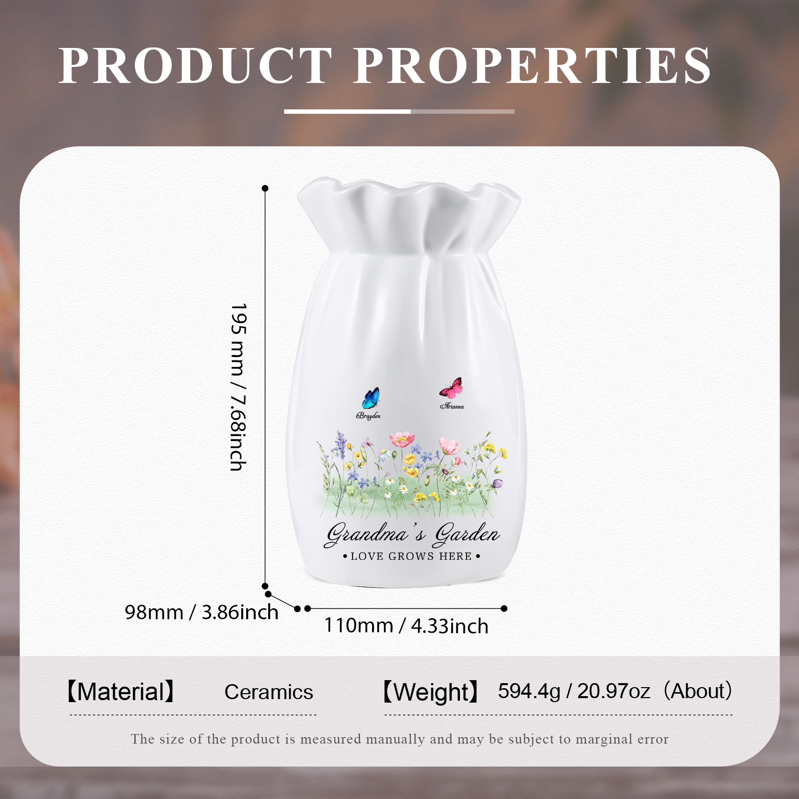 À Maman/Mamie - Vase en Céramique Personnalisés avec 2-6 Prénoms et 2 Textes Vase 4 Motif Papillons Colorés (sans fleurs) | Jessemade