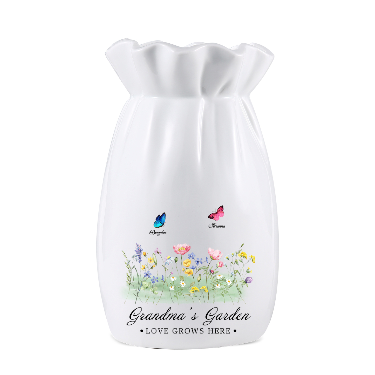 À Maman/Mamie - Vase en Céramique Personnalisés avec 2-6 Prénoms et 2 Textes Vase 4 Motif Papillons Colorés (sans fleurs) | Jessemade