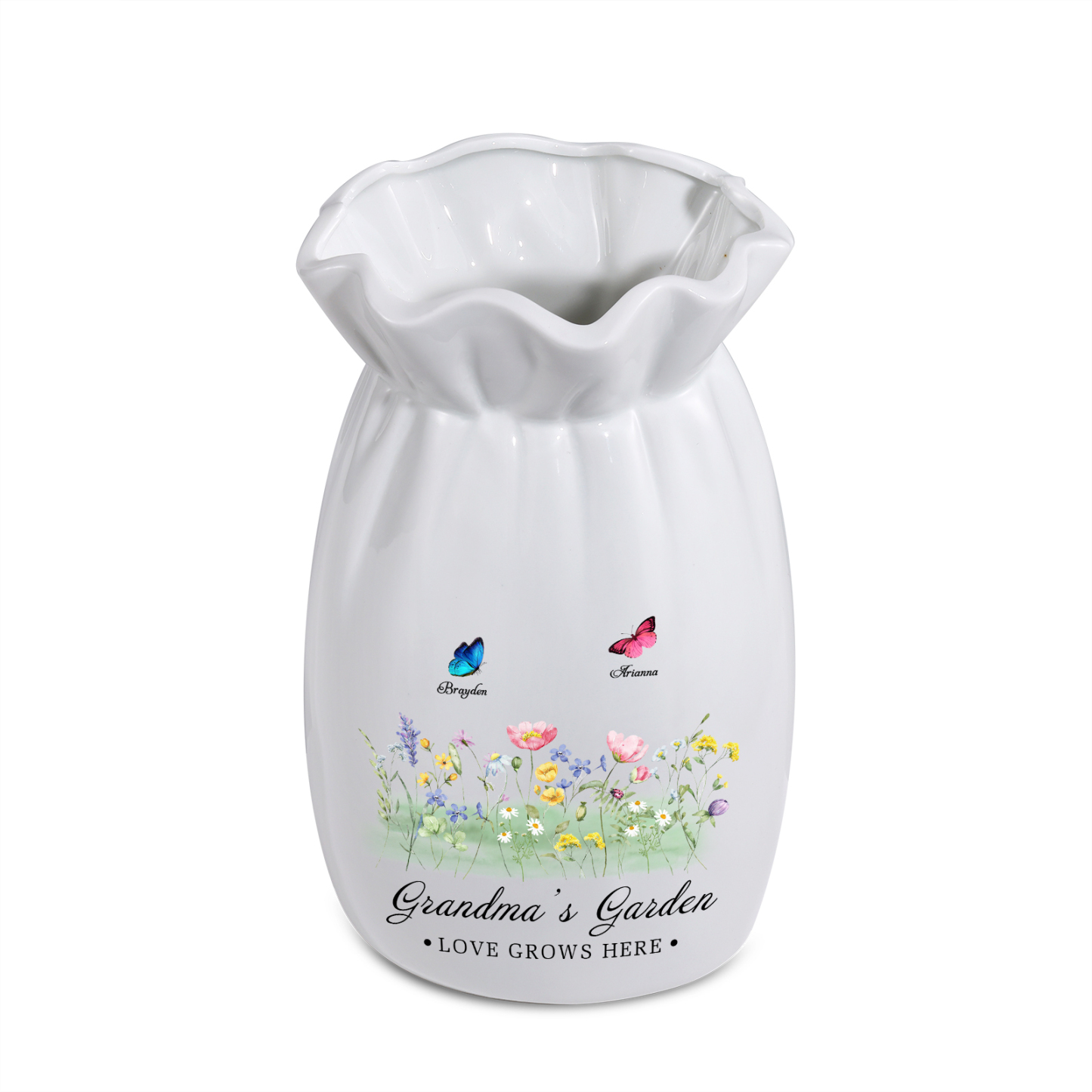 À Maman/Mamie - Vase en Céramique Personnalisés avec 2-6 Prénoms et 2 Textes Vase 4 Motif Papillons Colorés (sans fleurs) | Jessemade
