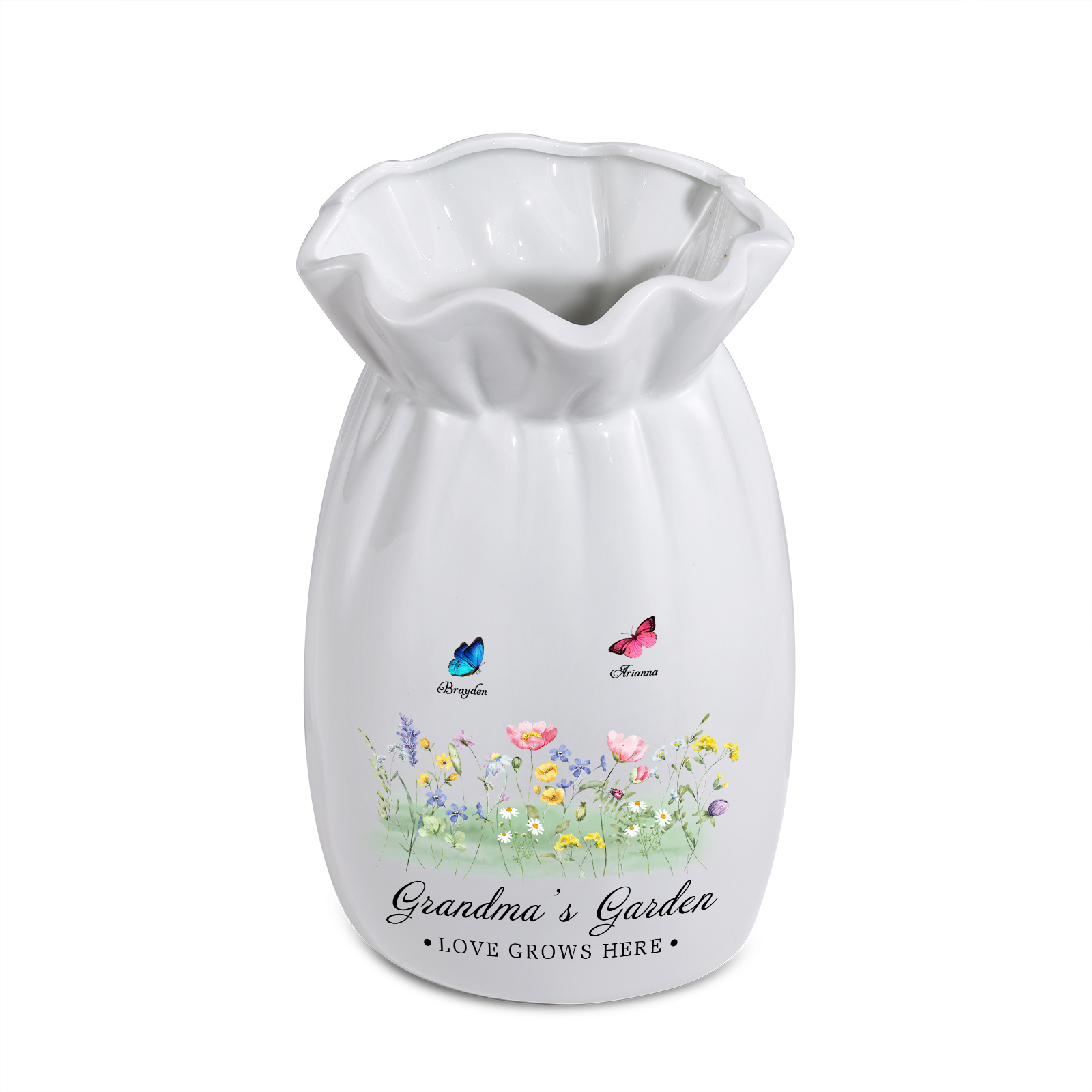À Maman/Mamie - Vase en Céramique Personnalisés avec 2-6 Prénoms et 2 Textes Vase 4 Motif Papillons Colorés (sans fleurs) | Jessemade