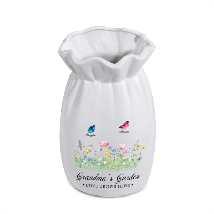 À Maman/Mamie - Vase en Céramique Personnalisés avec 2-6 Prénoms et 2 Textes Vase 4 Motif Papillons Colorés (sans fleurs) | Jessemade