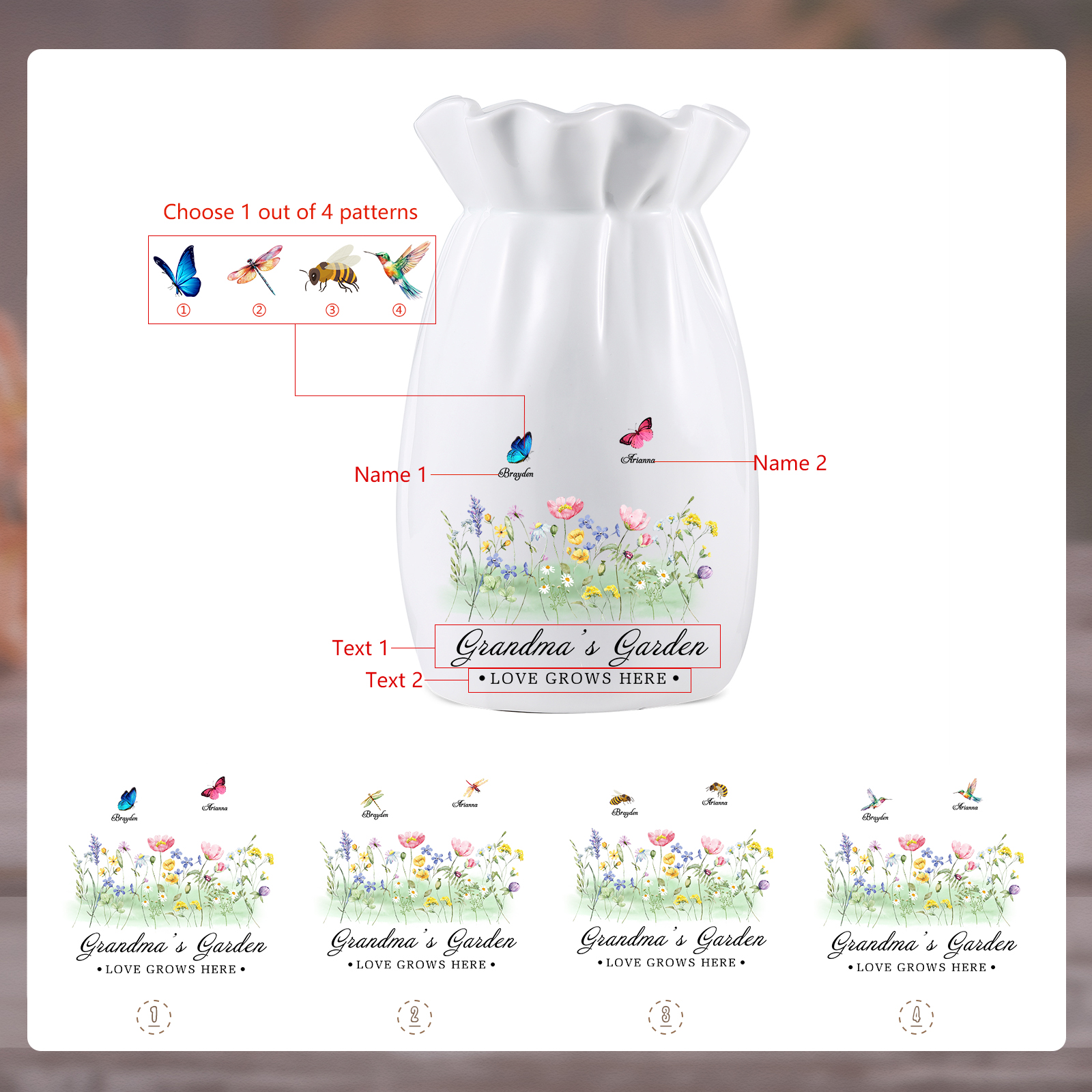 À Maman/Mamie - Vase en Céramique Personnalisés avec 2-6 Prénoms et 2 Textes Vase 4 Motif Papillons Colorés (sans fleurs) | Jessemade