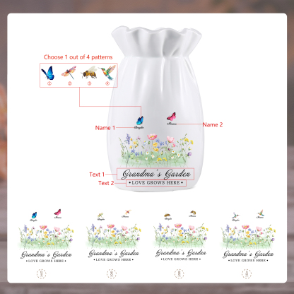 À Maman/Mamie - Vase en Céramique Personnalisés avec 2-6 Prénoms et 2 Textes Vase 4 Motif Papillons Colorés (sans fleurs) | Jessemade