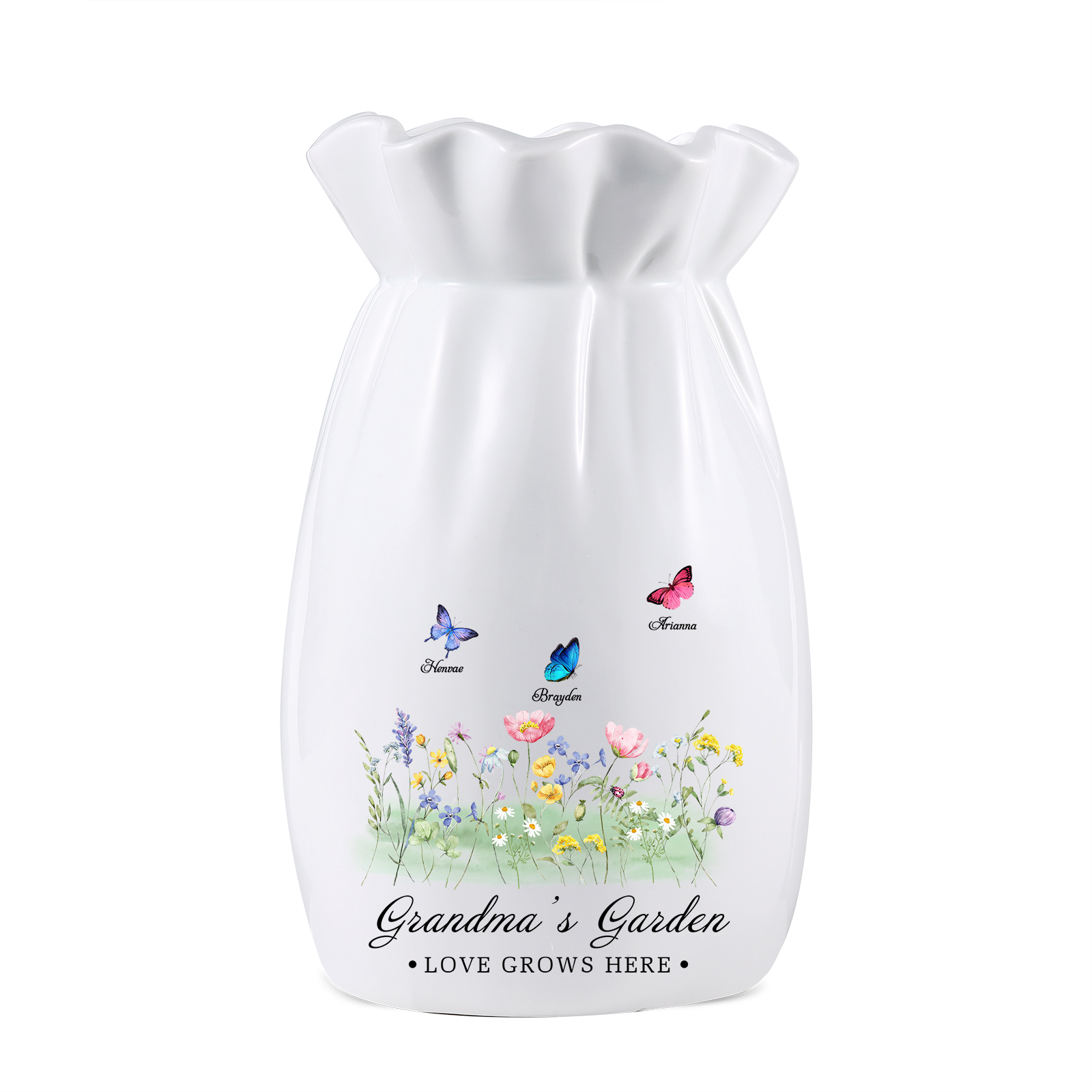 À Maman/Mamie - Vase en Céramique Personnalisés avec 2-6 Prénoms et 2 Textes Vase 4 Motif Papillons Colorés (sans fleurs) | Jessemade