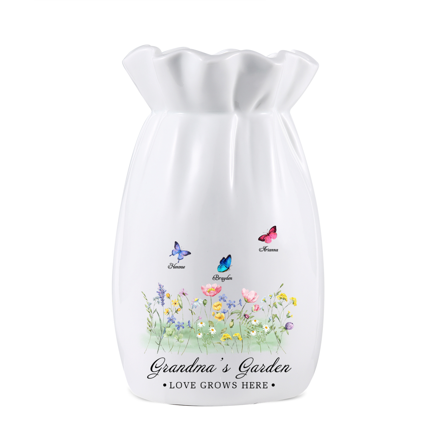 À Maman/Mamie - Vase en Céramique Personnalisés avec 2-6 Prénoms et 2 Textes Vase 4 Motif Papillons Colorés (sans fleurs) | Jessemade
