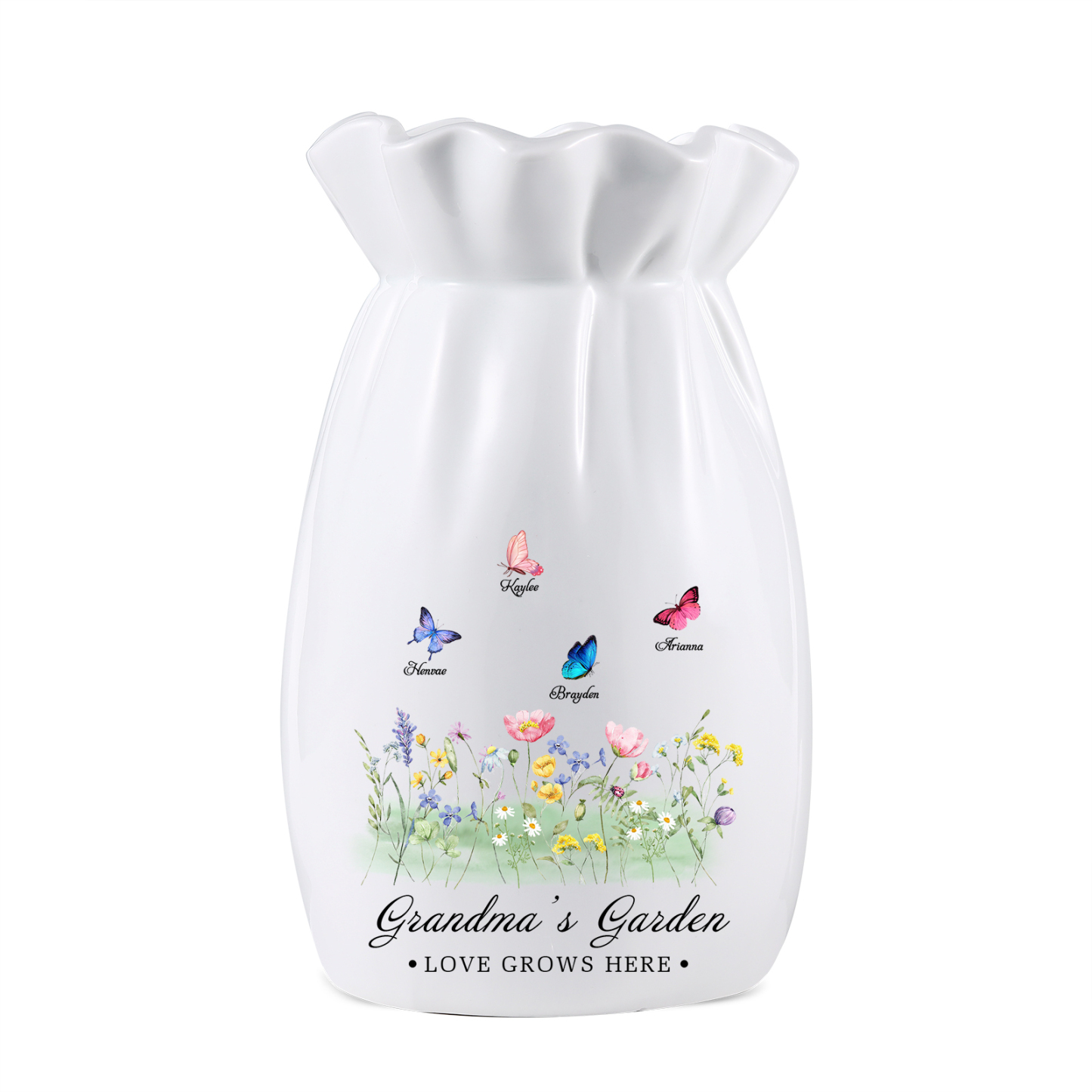 À Maman/Mamie - Vase en Céramique Personnalisés avec 2-6 Prénoms et 2 Textes Vase 4 Motif Papillons Colorés (sans fleurs) | Jessemade