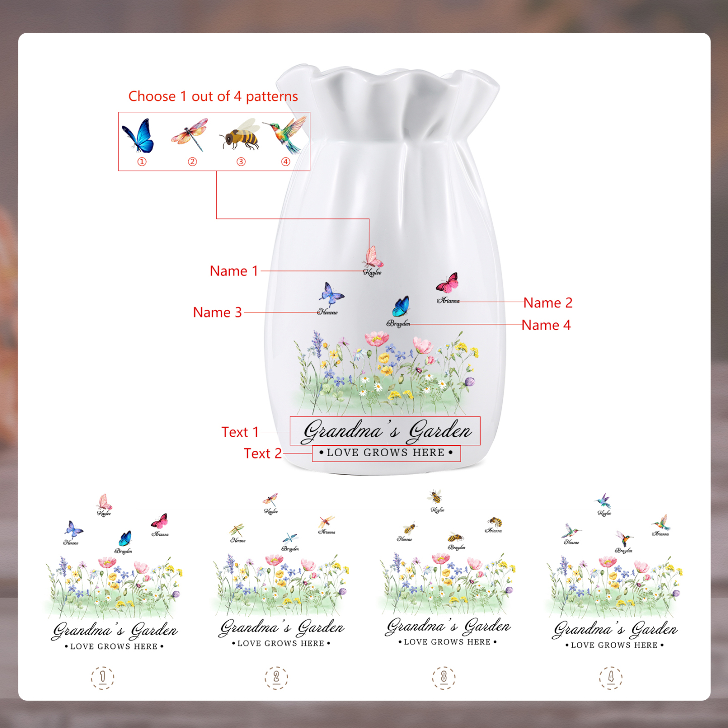À Maman/Mamie - Vase en Céramique Personnalisés avec 2-6 Prénoms et 2 Textes Vase 4 Motif Papillons Colorés (sans fleurs) | Jessemade