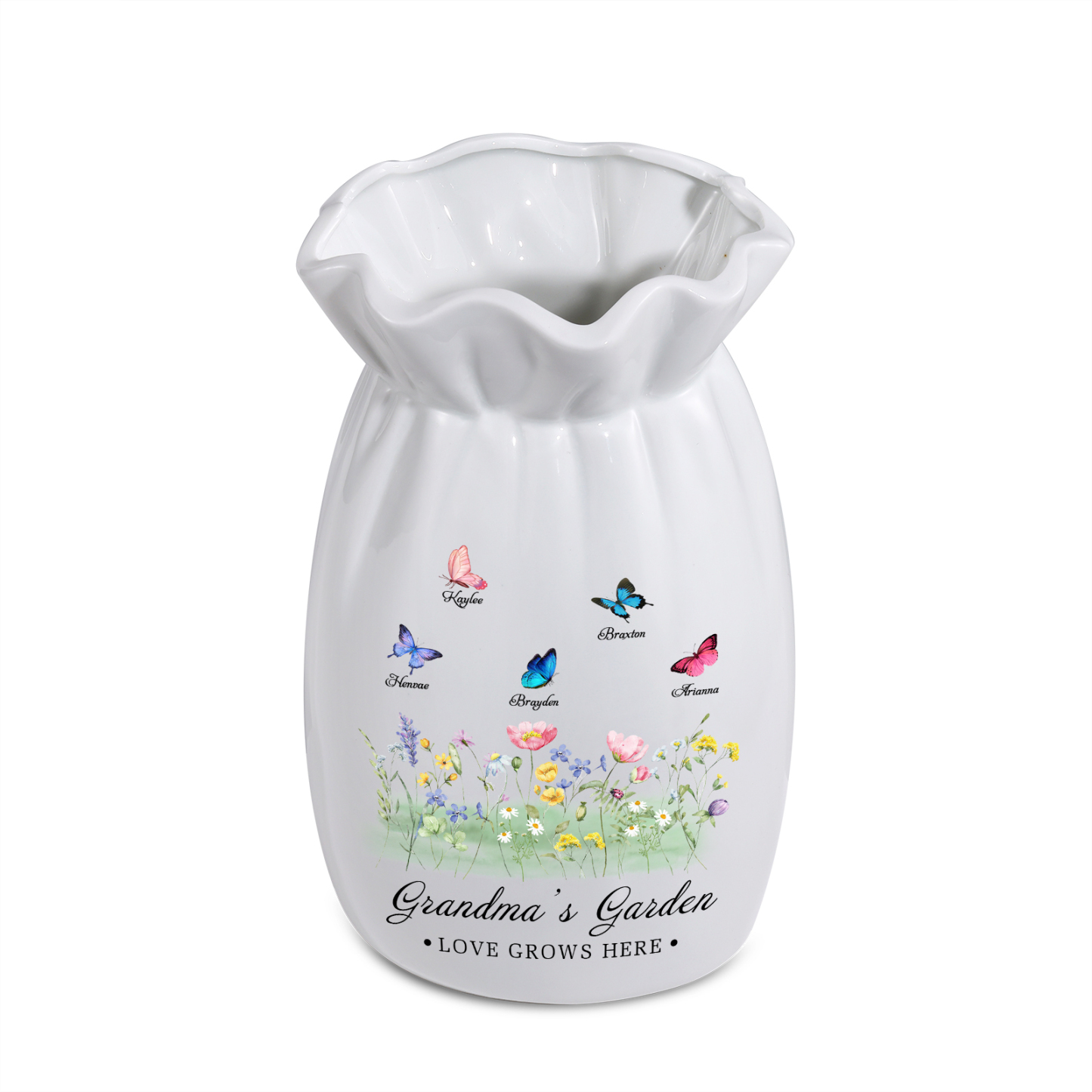À Maman/Mamie - Vase en Céramique Personnalisés avec 2-6 Prénoms et 2 Textes Vase 4 Motif Papillons Colorés (sans fleurs) | Jessemade