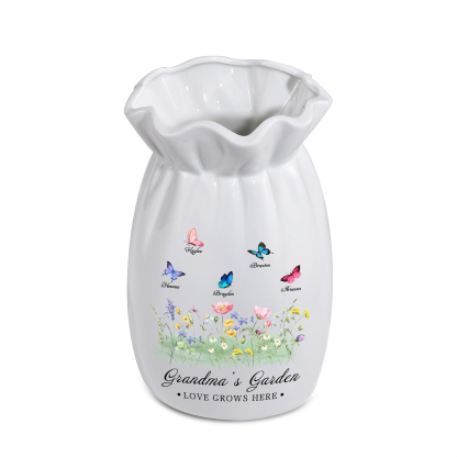 À Maman/Mamie - Vase en Céramique Personnalisés avec 2-6 Prénoms et 2 Textes Vase 4 Motif Papillons Colorés (sans fleurs) | Jessemade
