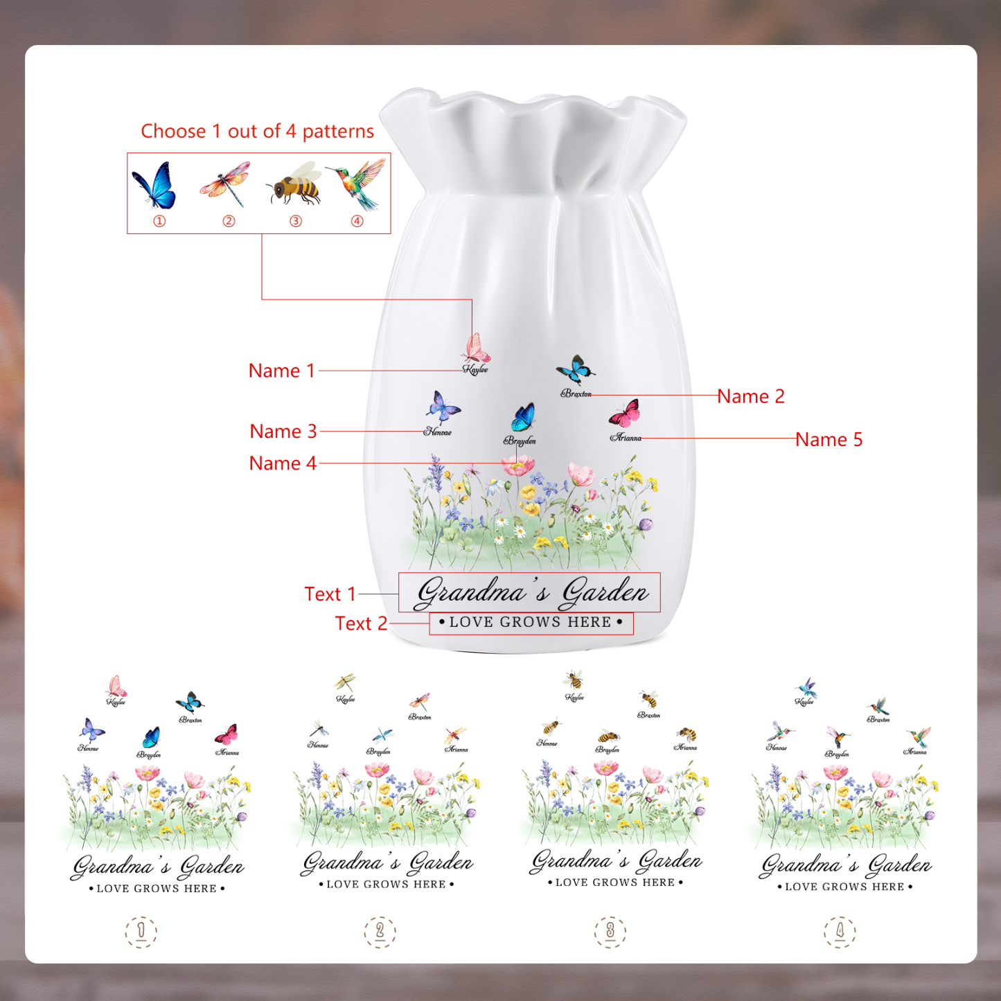 À Maman/Mamie - Vase en Céramique Personnalisés avec 2-6 Prénoms et 2 Textes Vase 4 Motif Papillons Colorés (sans fleurs) | Jessemade