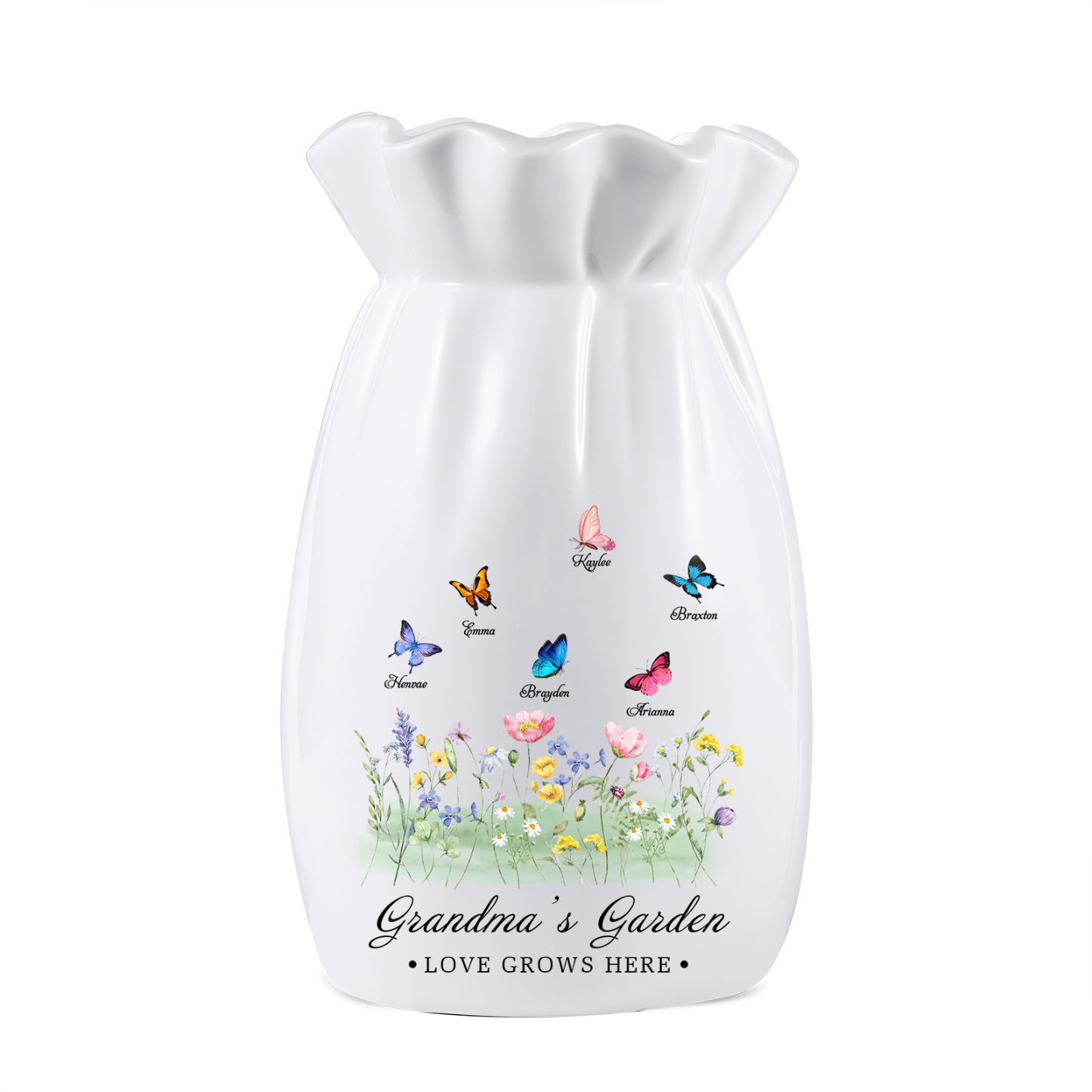 À Maman/Mamie - Vase en Céramique Personnalisés avec 2-6 Prénoms et 2 Textes Vase 4 Motif Papillons Colorés (sans fleurs) | Jessemade