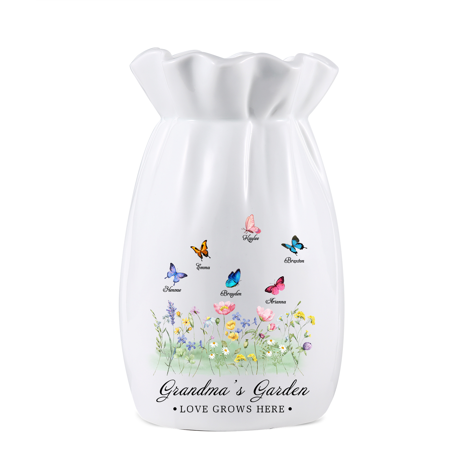 À Maman/Mamie - Vase en Céramique Personnalisés avec 2-6 Prénoms et 2 Textes Vase 4 Motif Papillons Colorés (sans fleurs) | Jessemade