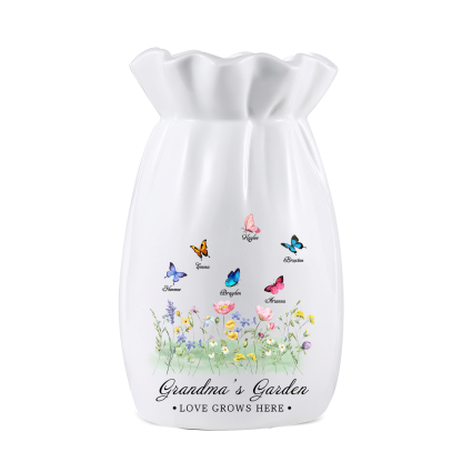 À Maman/Mamie - Vase en Céramique Personnalisés avec 2-6 Prénoms et 2 Textes Vase 4 Motif Papillons Colorés (sans fleurs) | Jessemade