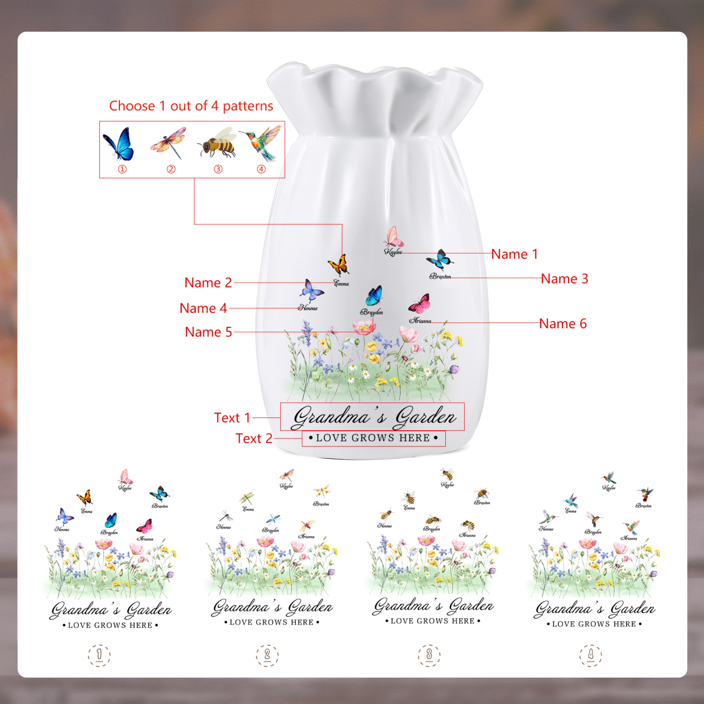 À Maman/Mamie - Vase en Céramique Personnalisés avec 2-6 Prénoms et 2 Textes Vase 4 Motif Papillons Colorés (sans fleurs) | Jessemade