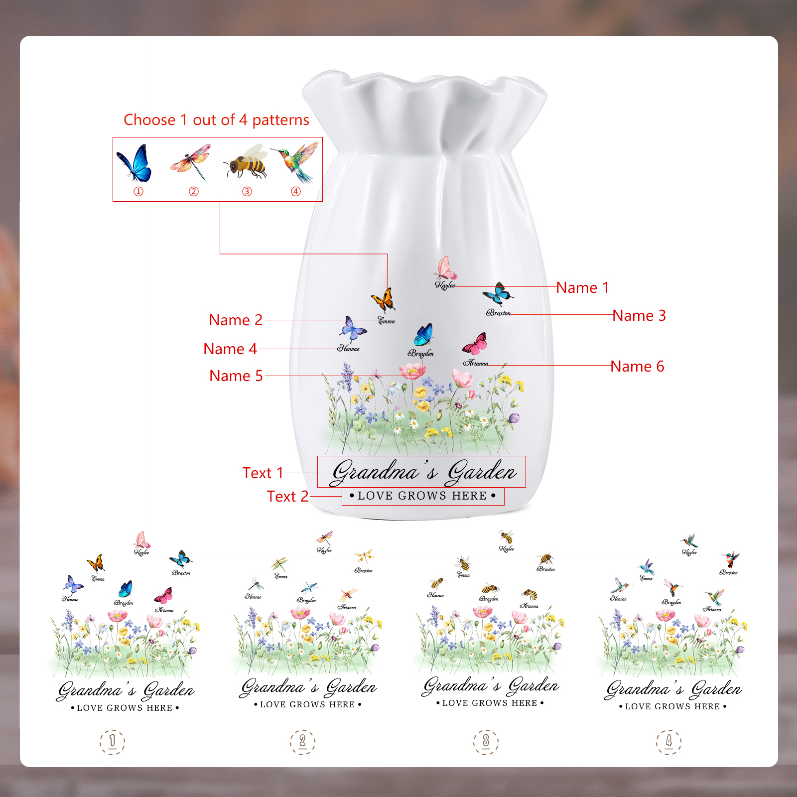 À Maman/Mamie - Vase en Céramique Personnalisés avec 2-6 Prénoms et 2 Textes Vase 4 Motif Papillons Colorés (sans fleurs) | Jessemade