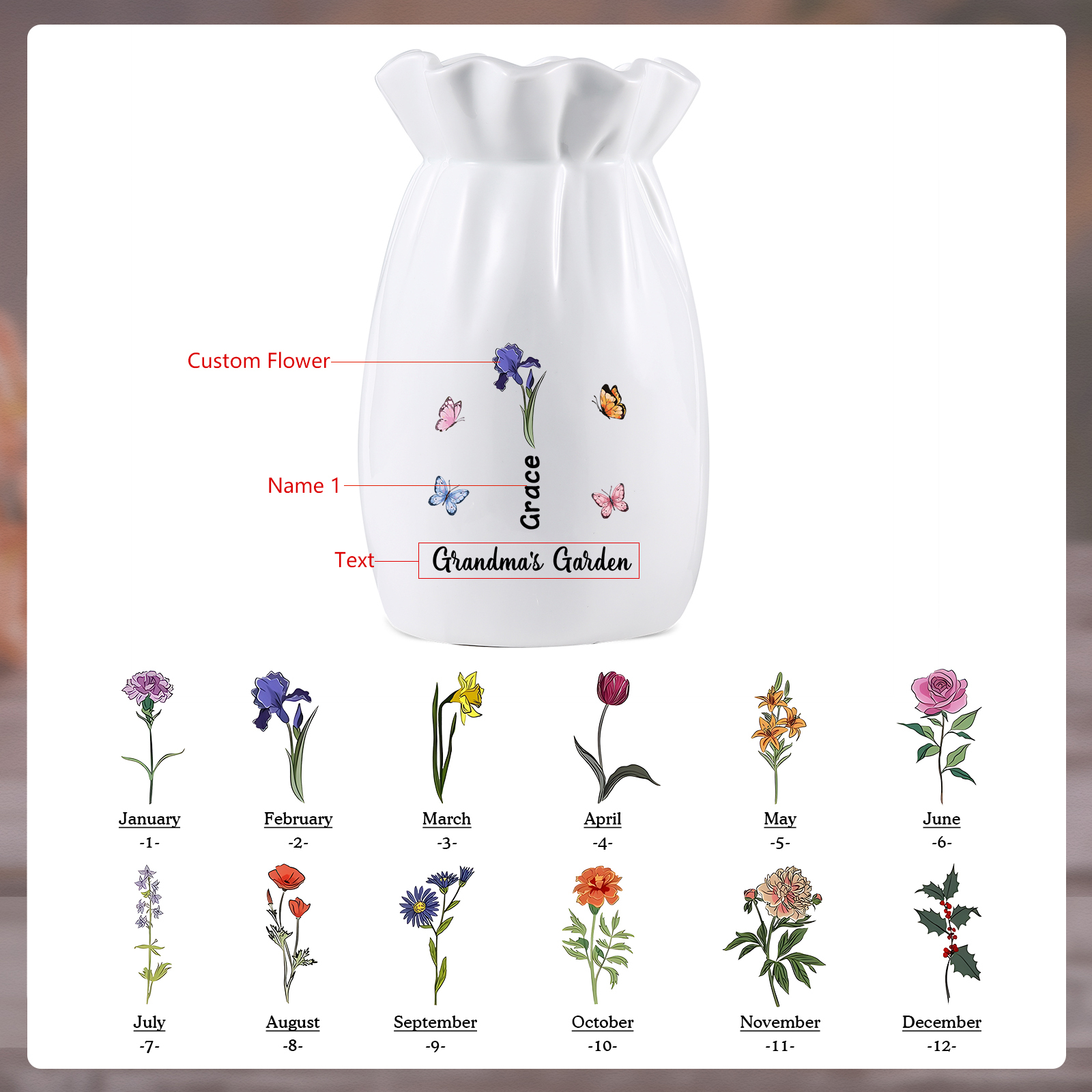 À Maman/Mamie - Vase en Céramique Personnalisés avec 1-6 Prénoms,1-6 Fleurs et 1 Texte Vase (sans fleurs) | Jessemade